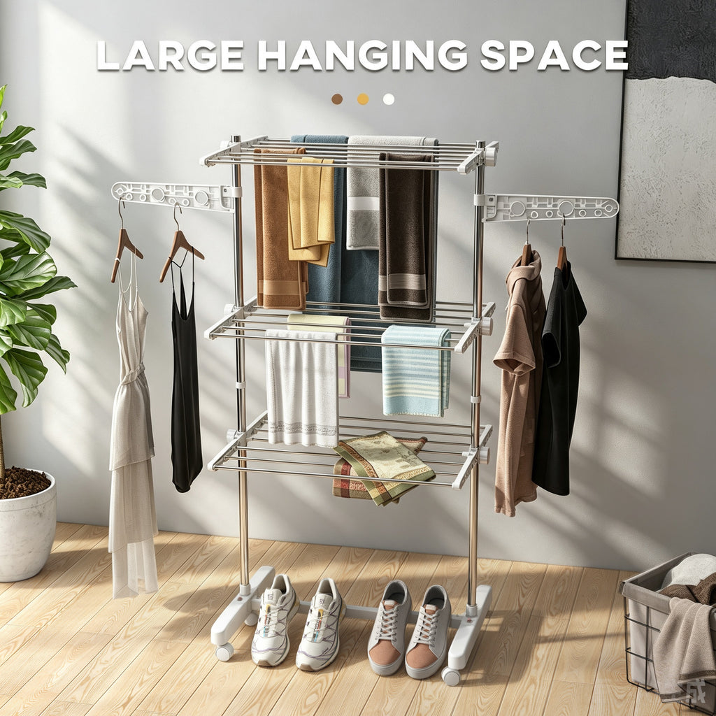 3-Tier Foldable Clothes Drying Rack, Stainless Steel Laundry Rack with 2 Side Wings and 6 Castors, Collapsible Adjustable Clothes Airer for Indoor Outdoor, White