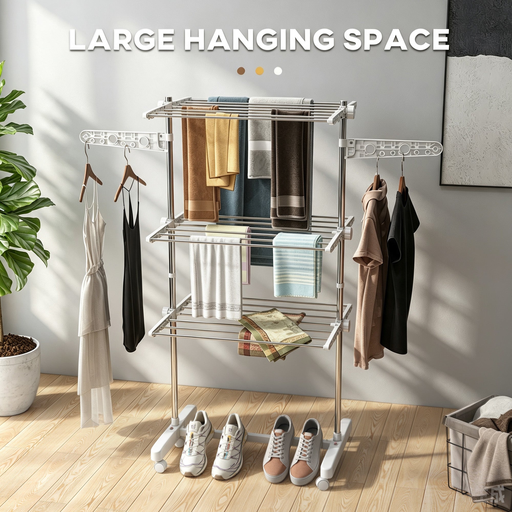 3-Tier Foldable Clothes Drying Rack, Stainless Steel Laundry Rack with 2 Side Wings and 6 Castors, Collapsible Adjustable Clothes Airer for Indoor Outdoor, White