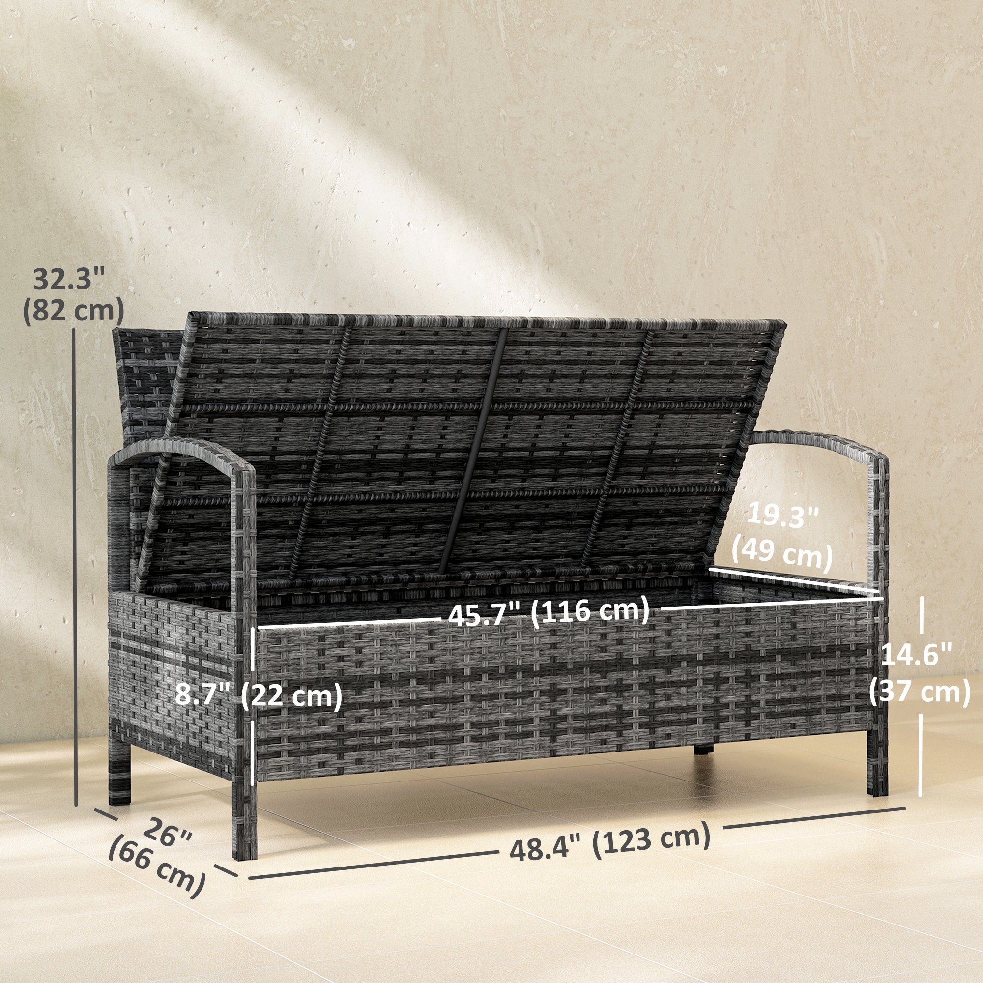 33 Gallon Outdoor Storage Bench, Wicker Deck Box Patio Bench Seat with Cushion, Grey