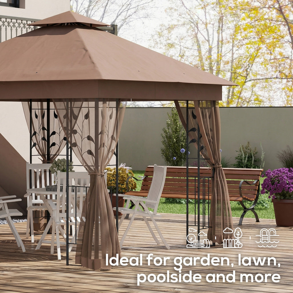 10'x10' Soft-top Patio Gazebo Outdoor Sun Shelter with 2-Tier Polyester Roof, Curtain Sidewalls, Dark Brown