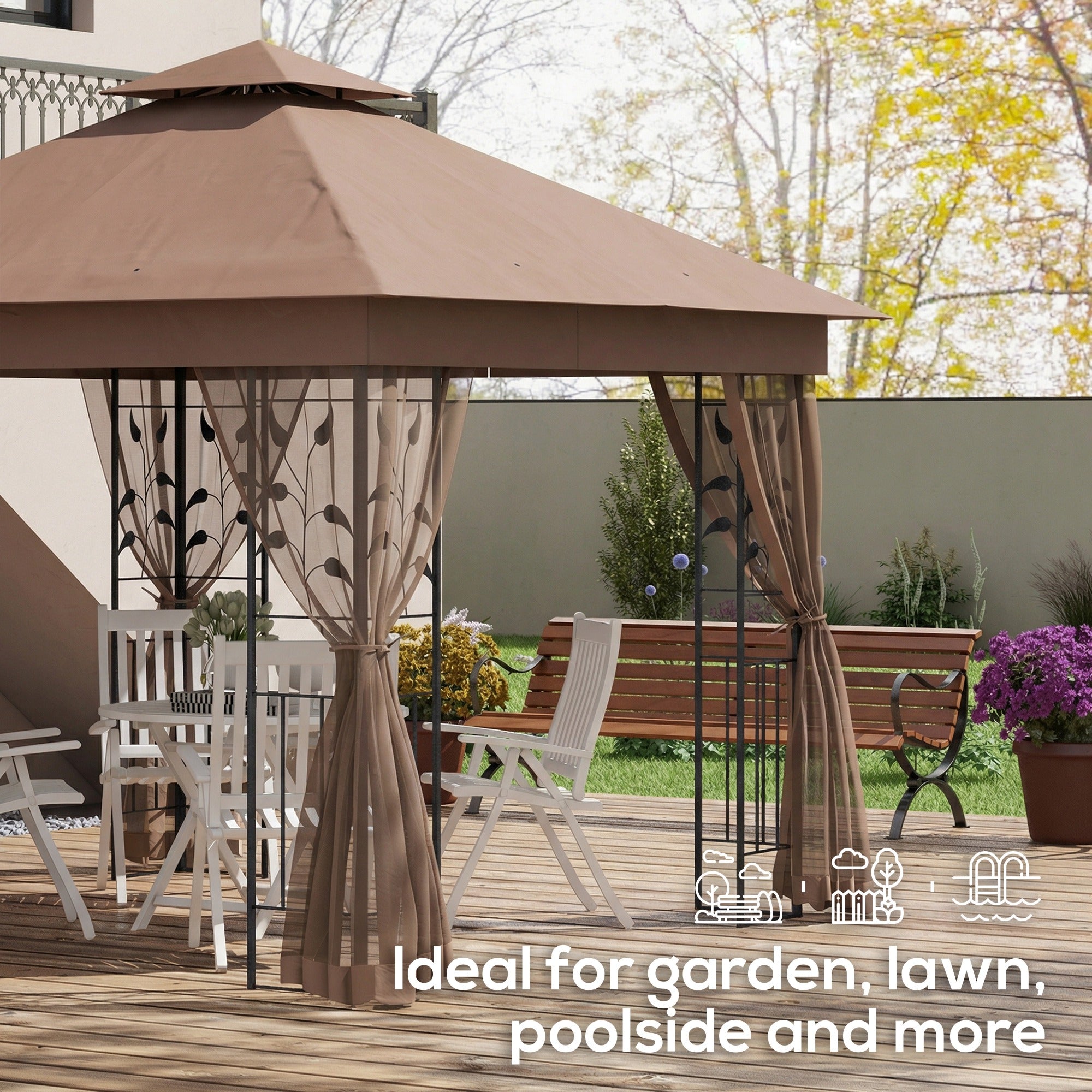 10'x10' Soft-top Patio Gazebo Outdoor Sun Shelter with 2-Tier Polyester Roof, Curtain Sidewalls, Dark Brown