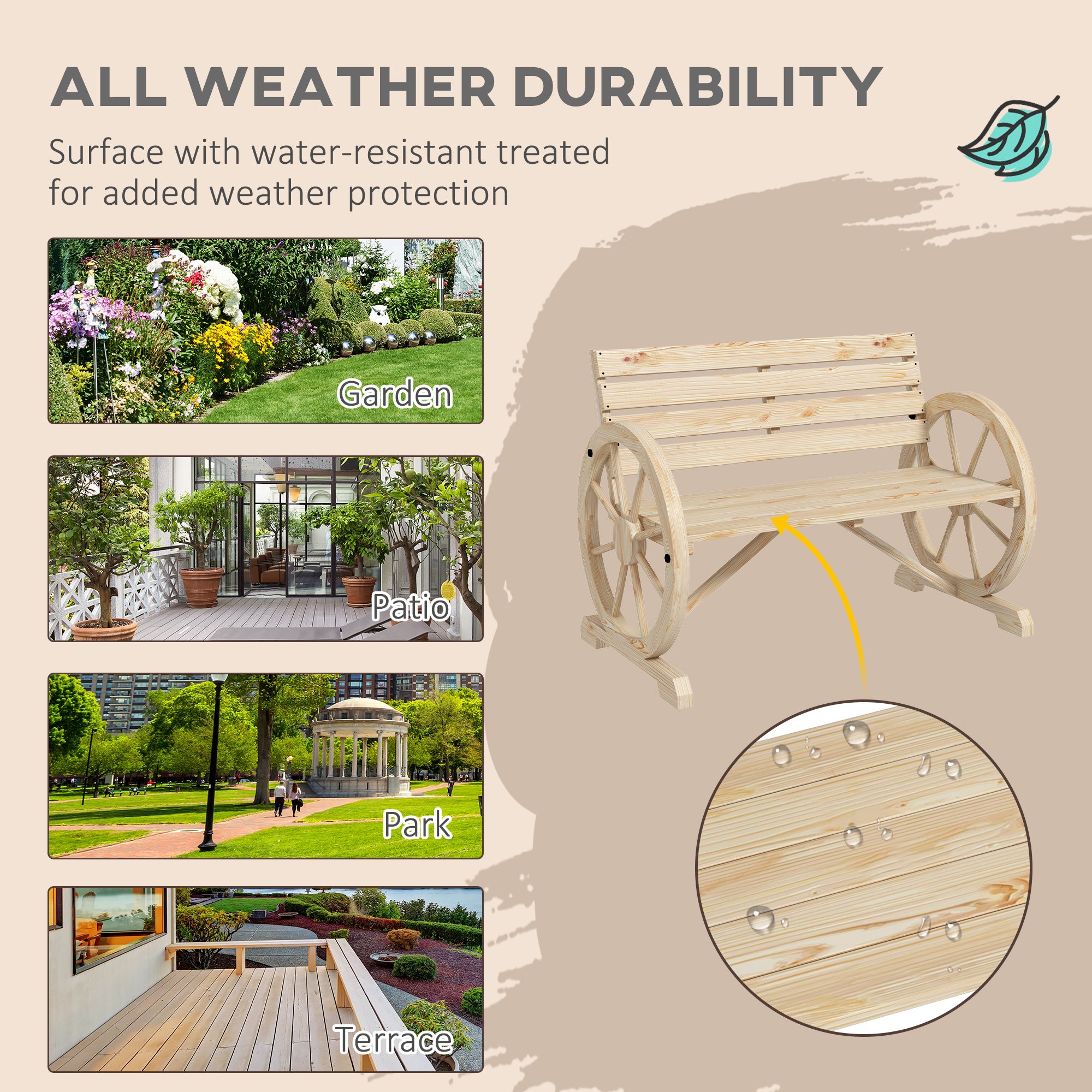 42" Wood Wagon Wheel Bench Garden Loveseat Rustic Seat, Natural Wood