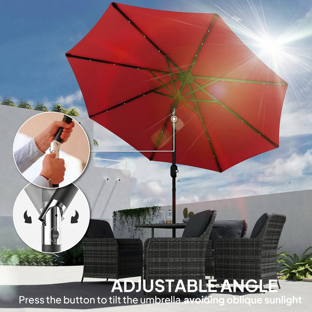 9ft Solar Patio Umbrella Outdoor Sunshade 24 LED Lights Tilt Canopy Wine Red