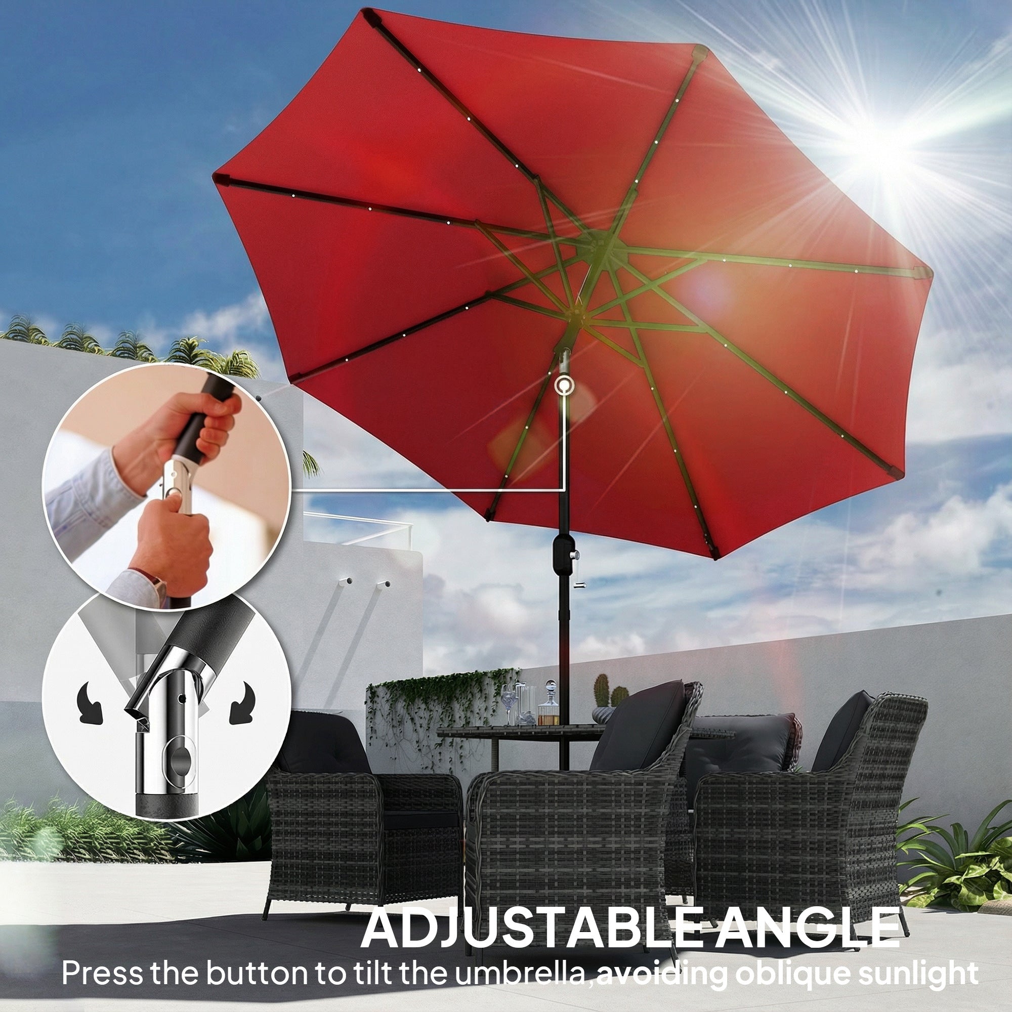 9ft Solar Patio Umbrella Outdoor Sunshade 24 LED Lights Tilt Canopy Wine Red
