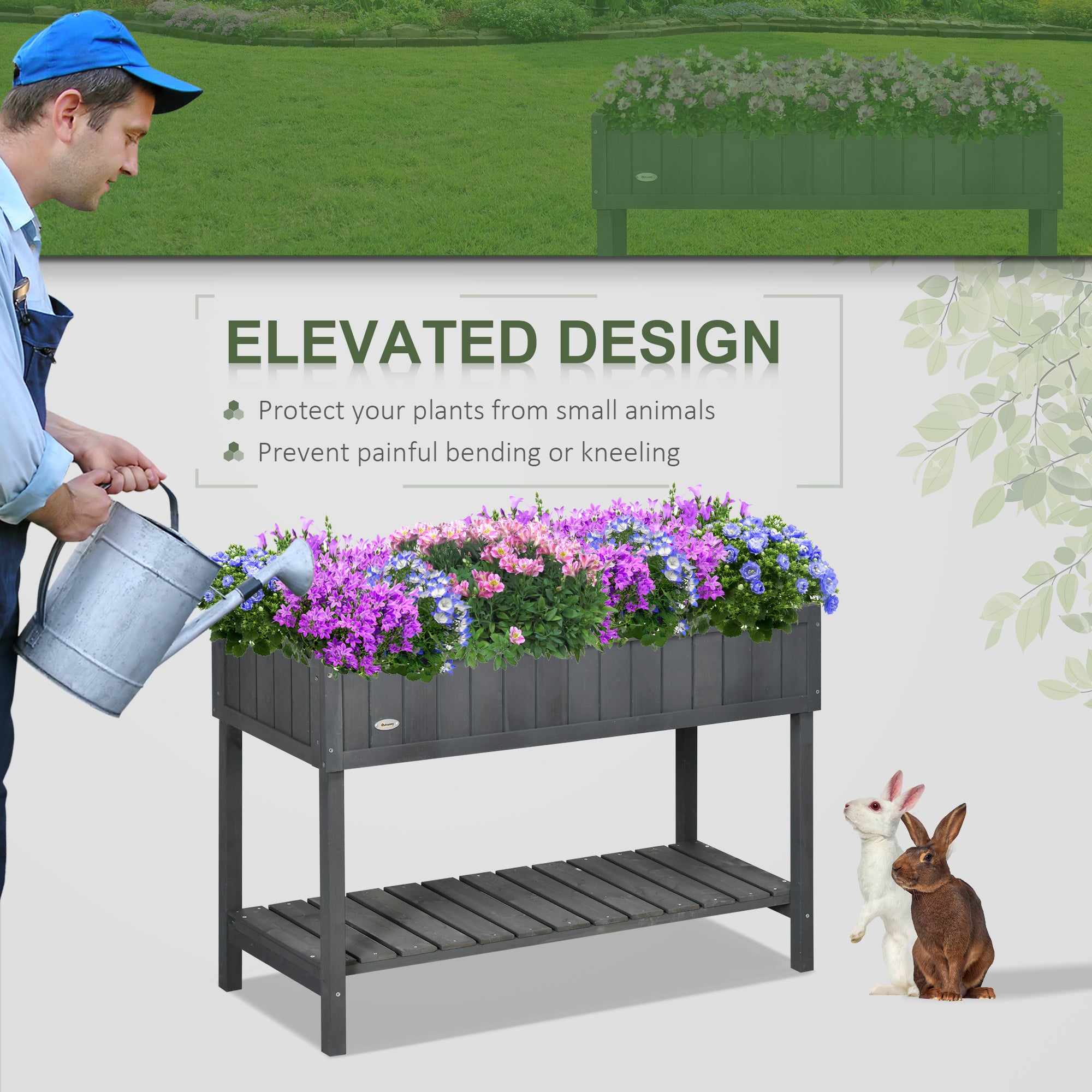 43.25" x 18" x 30" Raised Garden Bed, Wooden Plant Stand with 8 Grid Box, Storage Shelf for Outdoor, Dark Grey