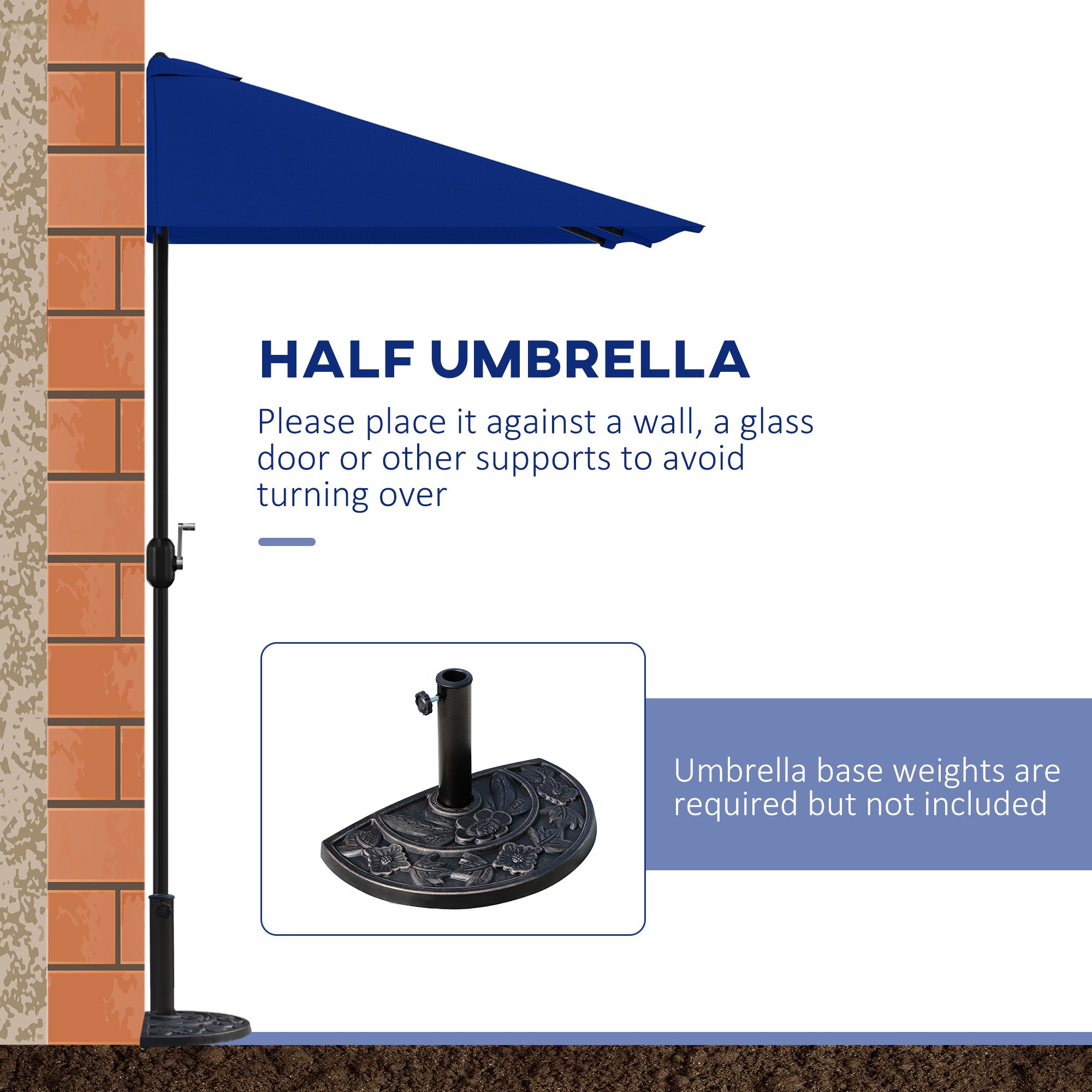 8ft Half Round Umbrella Outdoor Balcony Parasol Patio Garden Outdoor Window Sun Shade w/ 5 Ribs