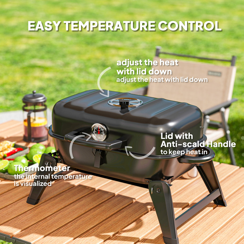 Charcoal BBQ Grill, Foldable Barbecue Grill with Warming Rack, Adjustable Vent, Thermometer, Handles, Black