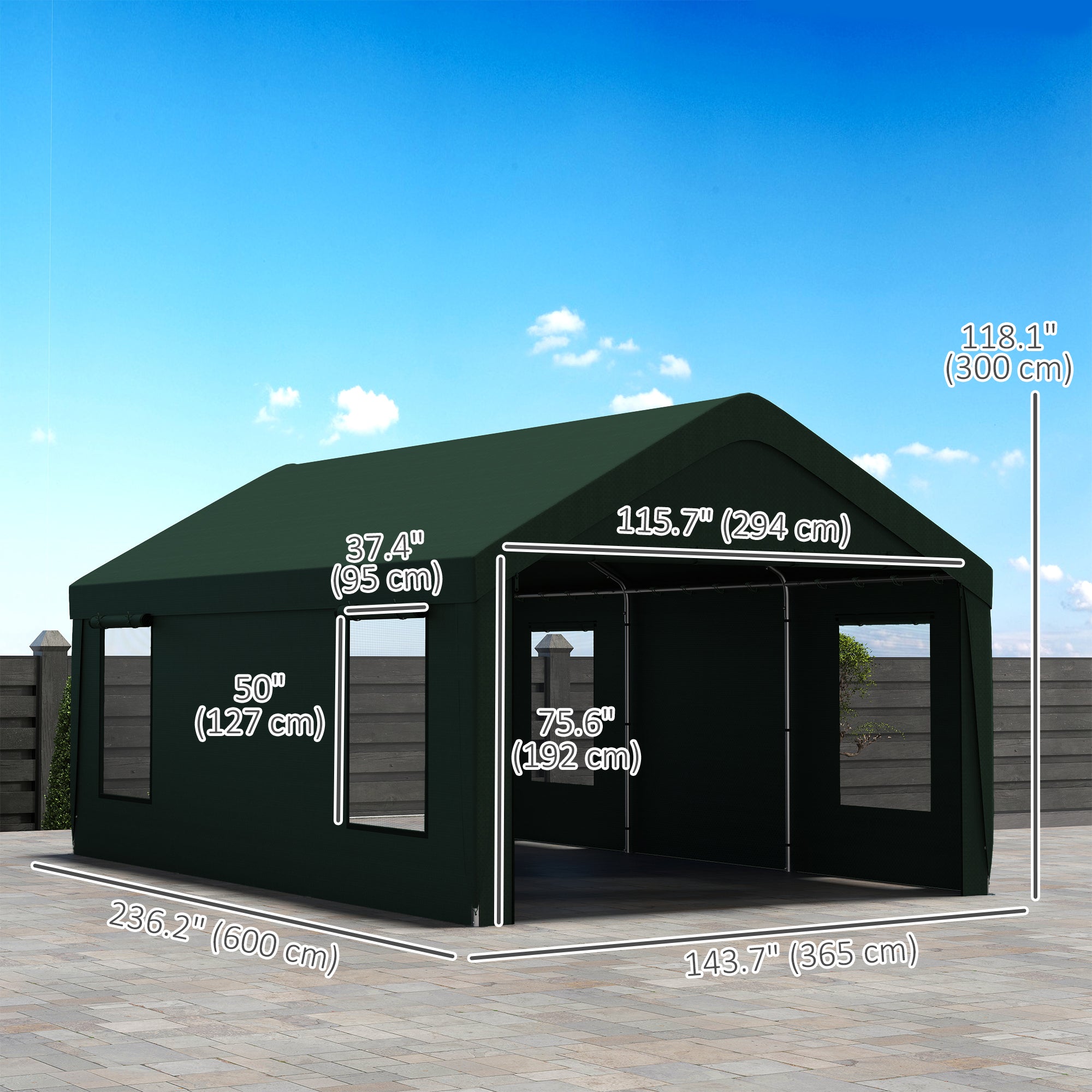 12 x 20ft Carport with 2 Roll-Up Doors, 4 Windows, Portable Garage with Removable Sidewalls for Car, Truck, Dark Green