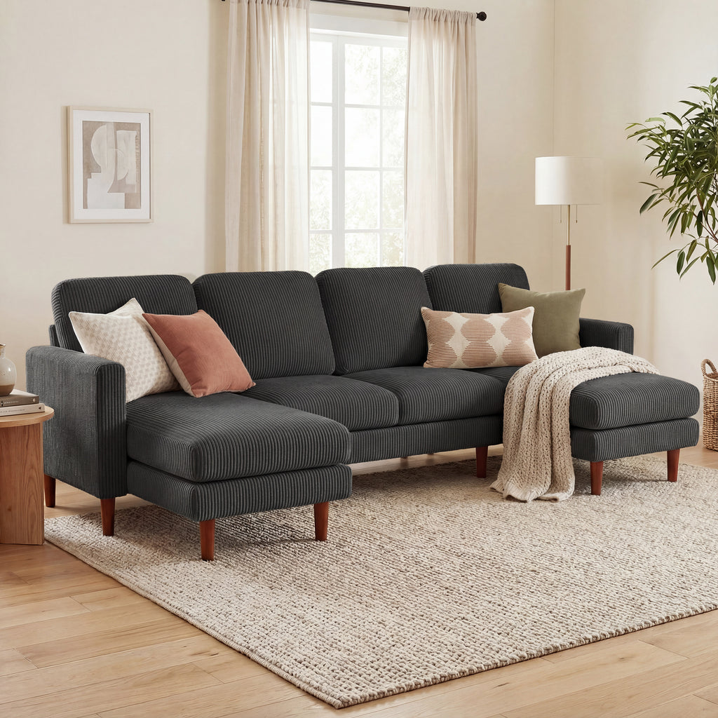 Sectional Sofa, Corduroy U Shaped Couch with Double Chaise and Spring Cushions, 2200lb Capacity, Dark Grey