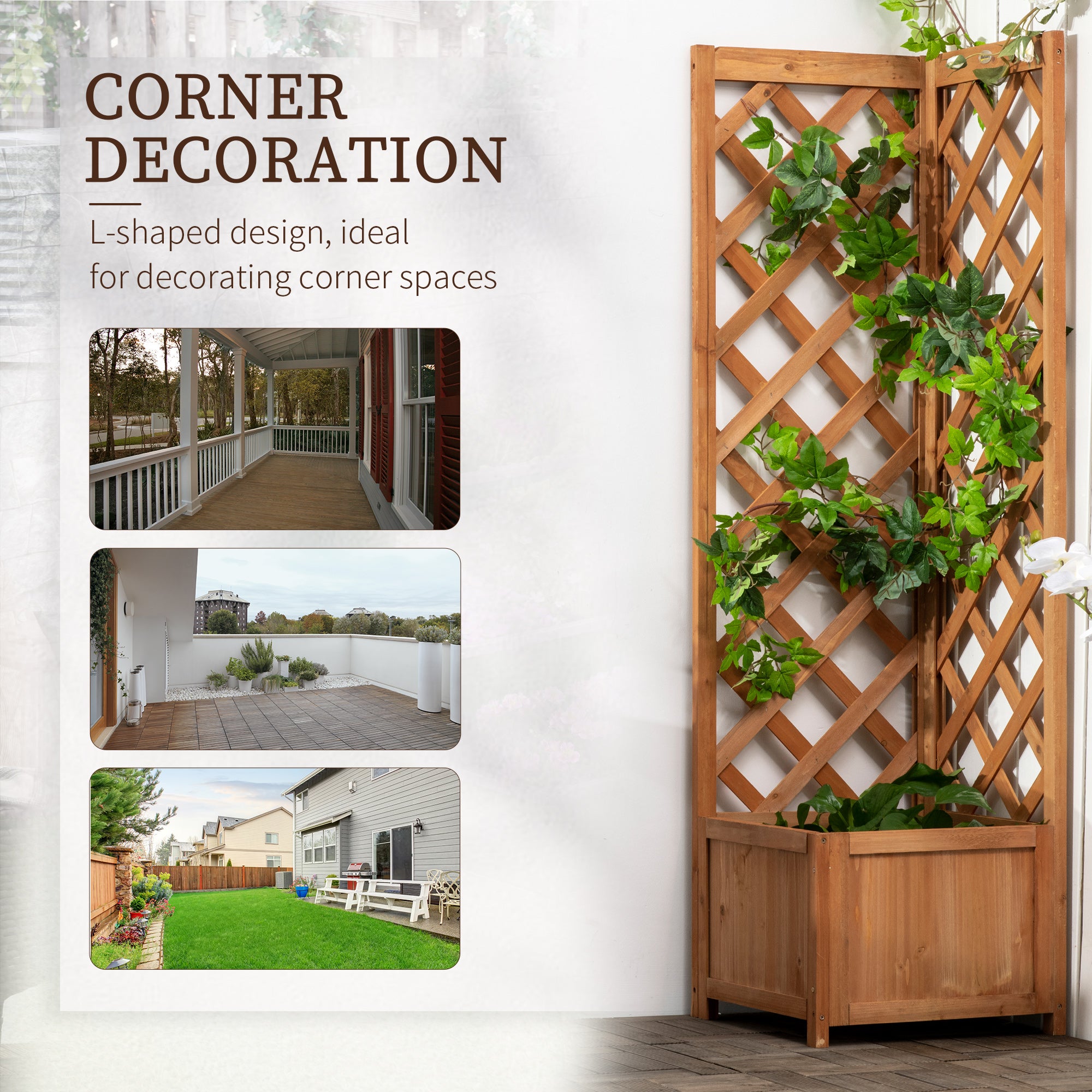 Raised Garden Bed Wood Planter with Trellis for Vine Climbing, 16" x 16" x 57", Brown