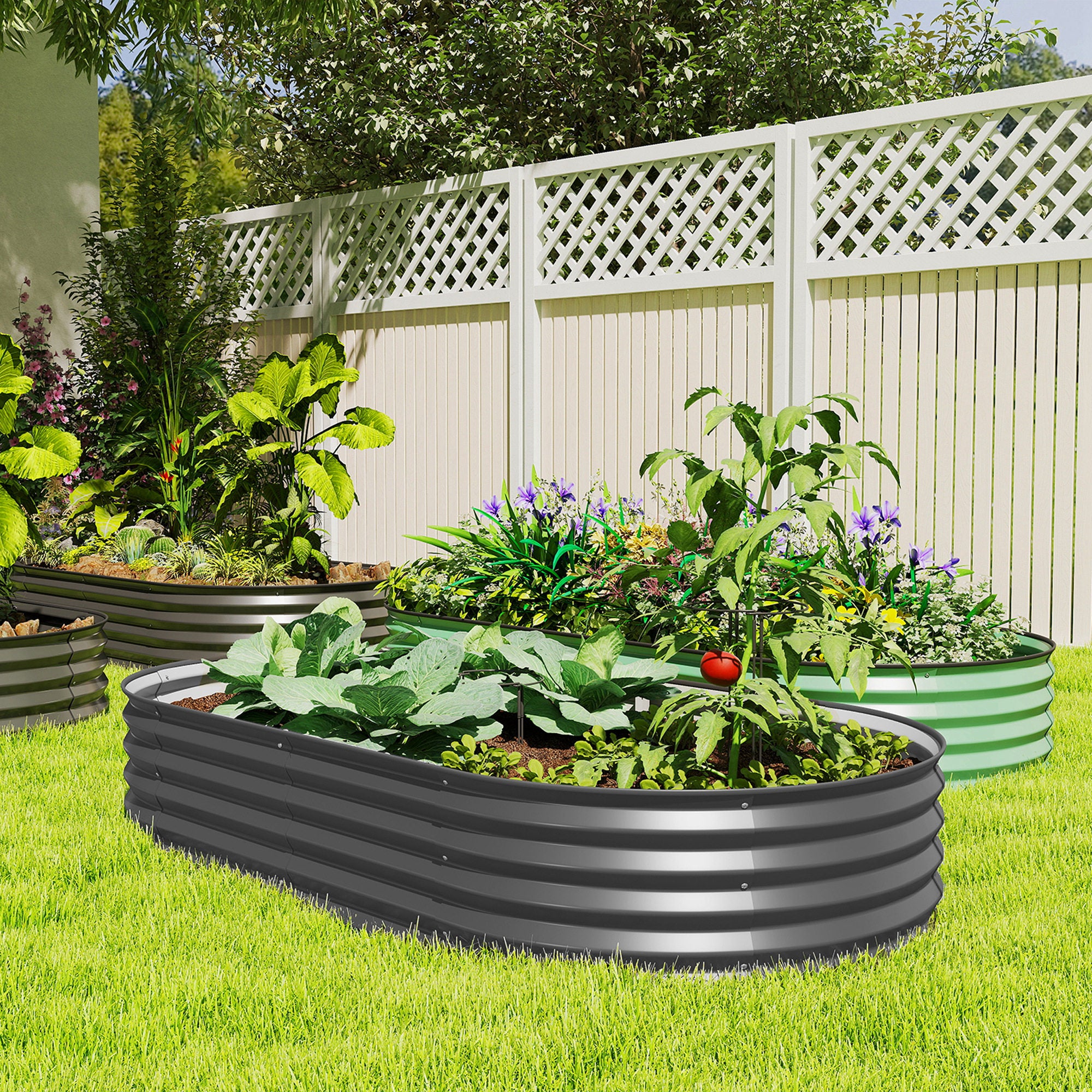 6' x 3' x 1' Large Outdoor Planter Box, Galvanized Raised Garden Bed with Metal Plant Stake, Dark Grey