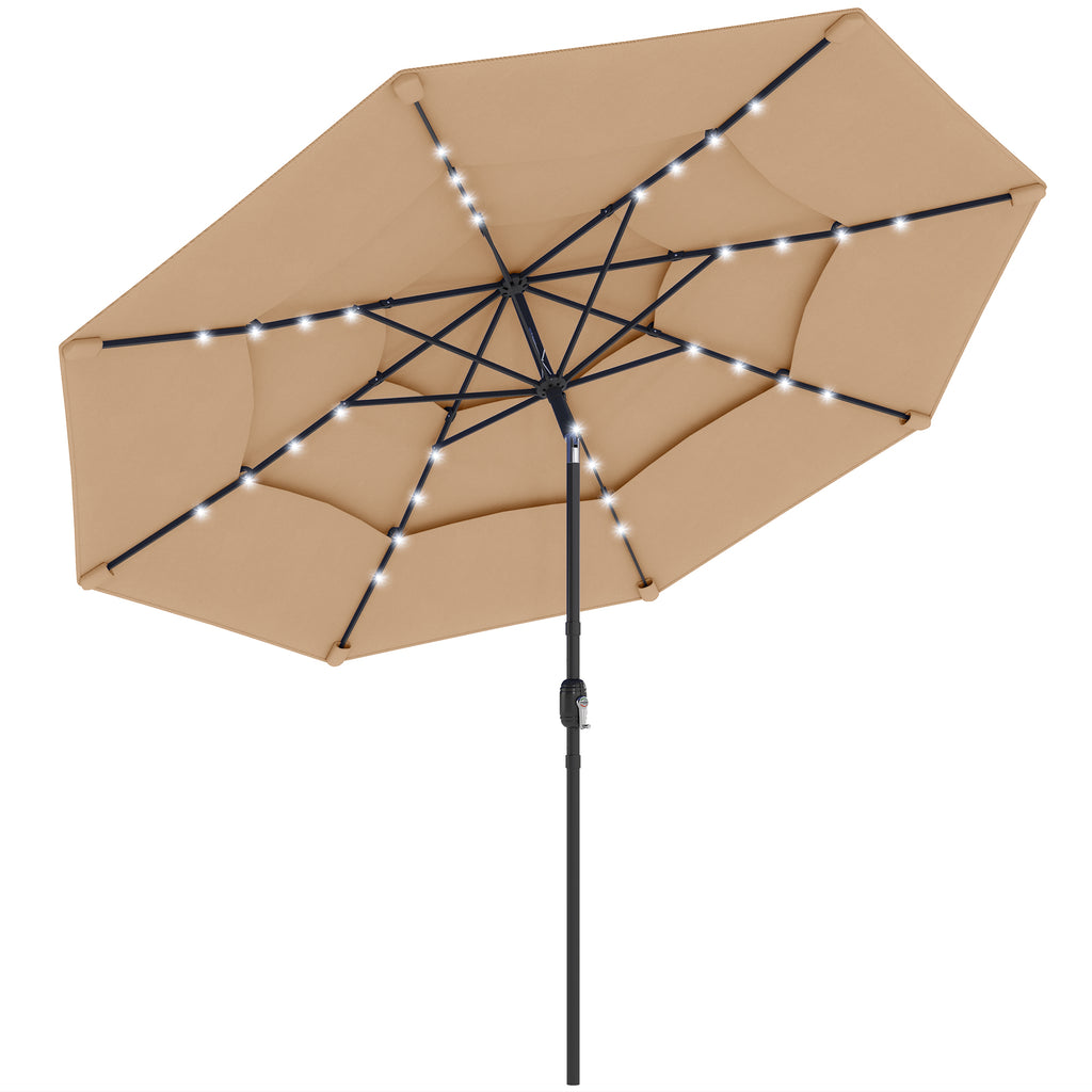 9.3 ft Patio Umbrella with Solar LED Lights, Cover, 3 Tier Outdoor Market Table Parasol with Tilt, Crank, Khaki