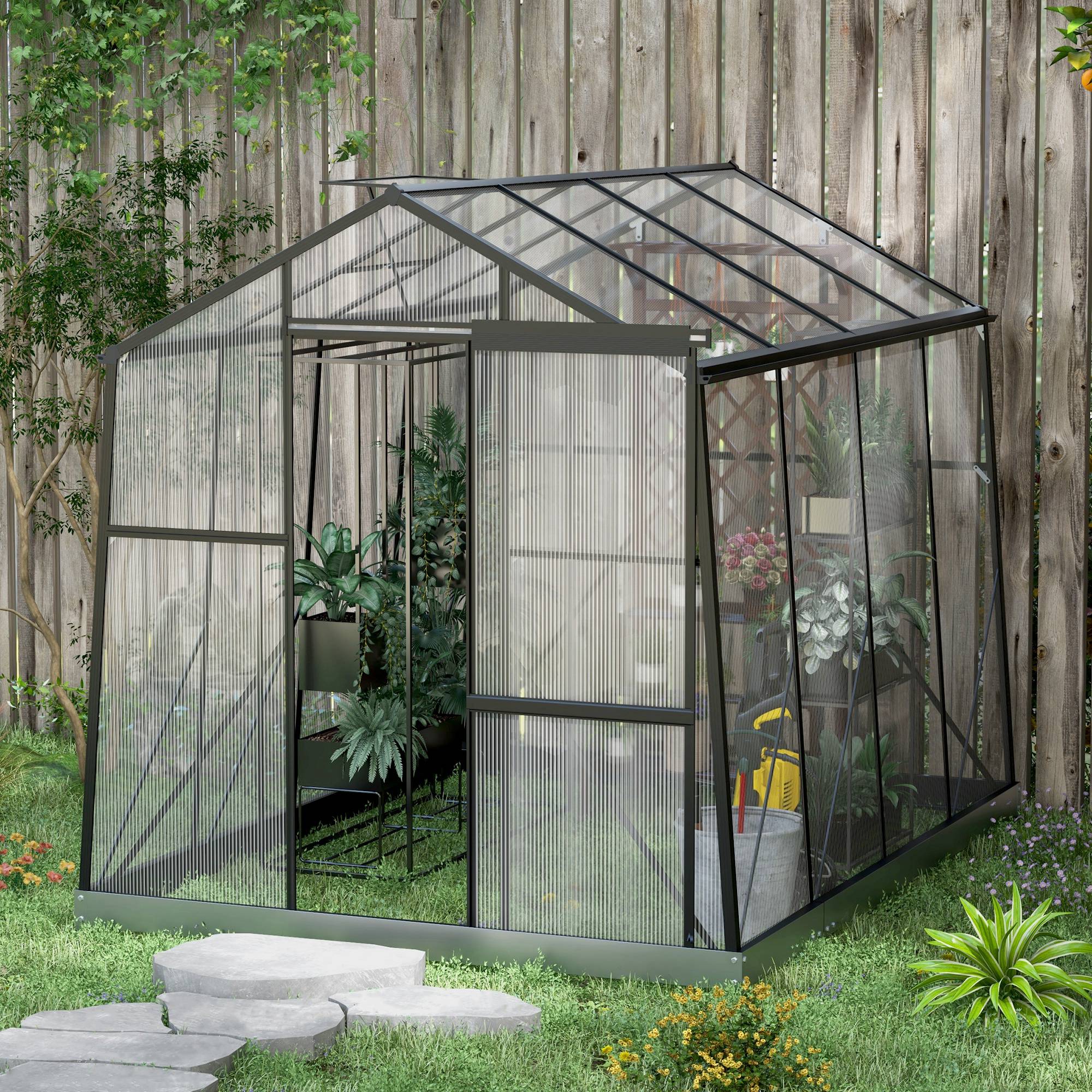 6' x 8' Walk-in Polycarbonate Greenhouse Aluminium Green House with Sliding Door, 5-Level Roof Vent, Rain Gutter