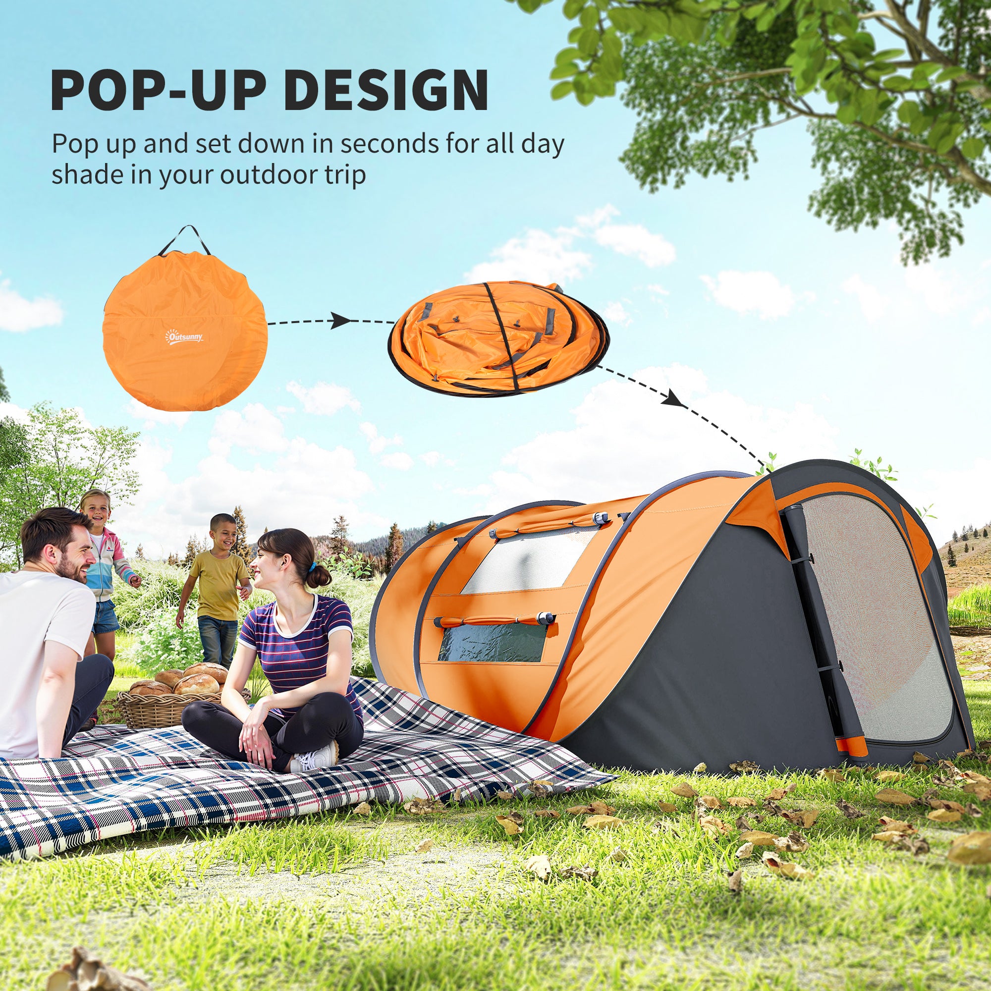 4 Person Camping Tent, Easy Pop Up Tent with Doors, Windows and Carry Bag, Automatic Setup Tent for Hiking, Orange