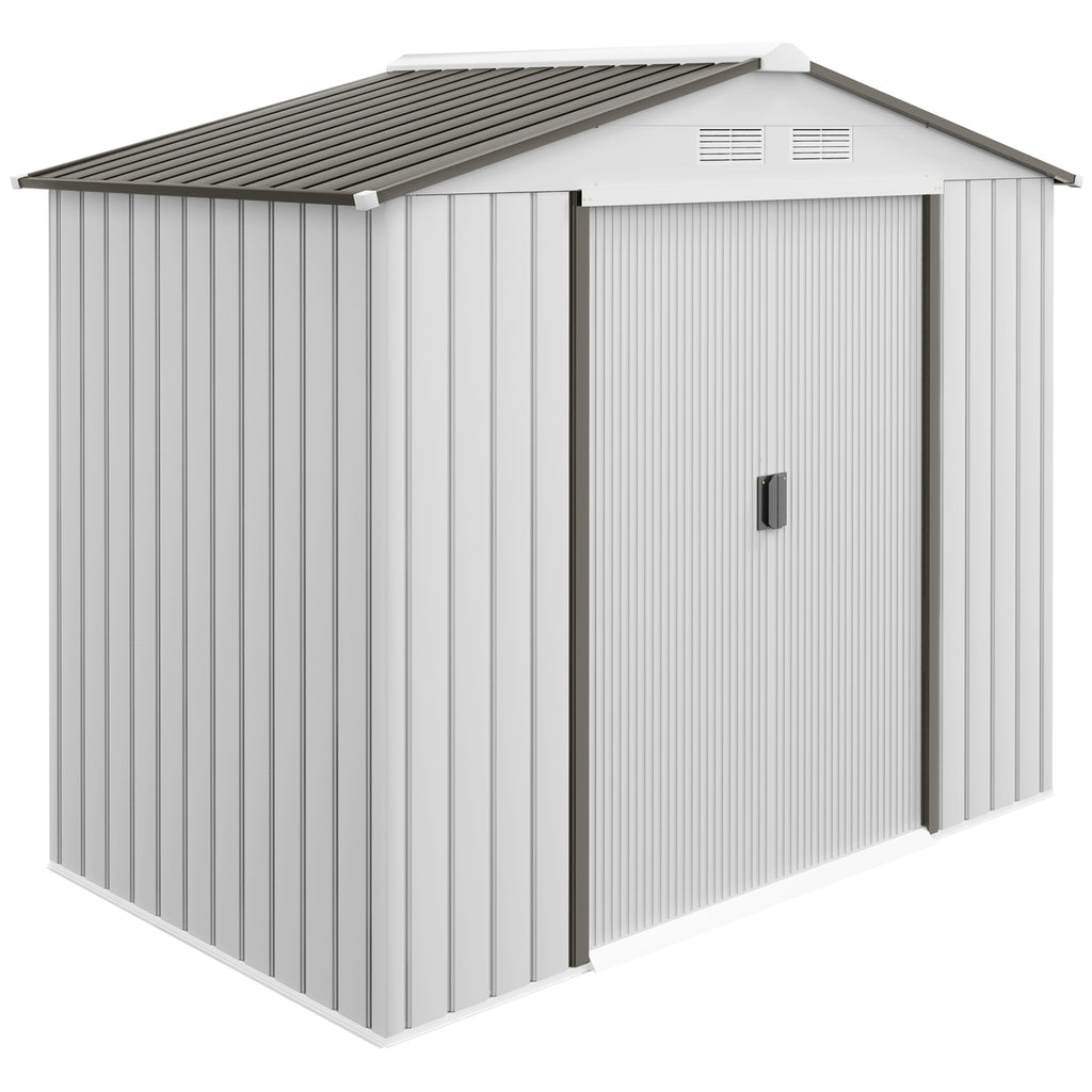 7'x 4'x 6' Garden Tool Shed Metal Storage Shed w/ Foundation Kit and Double Doors Silver