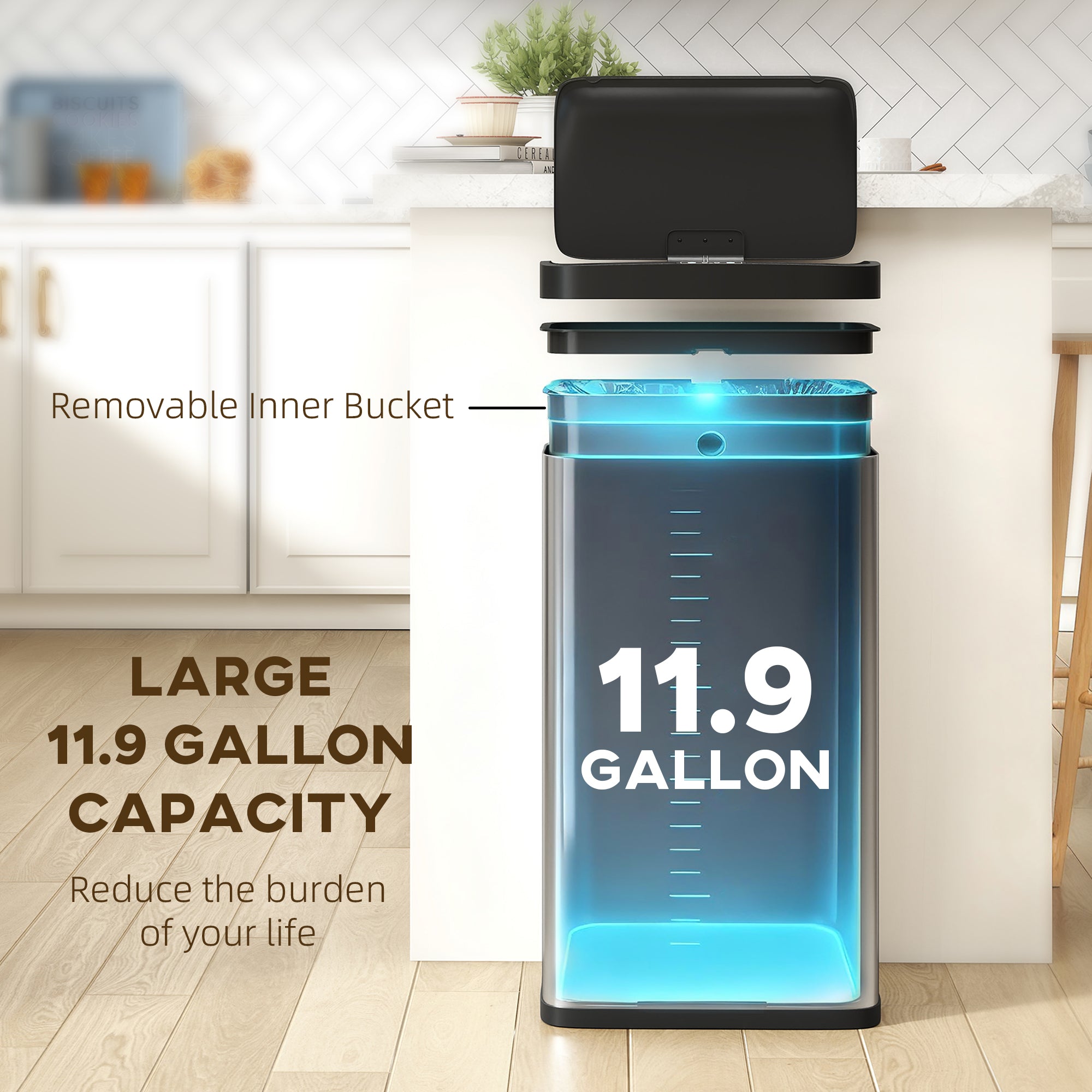12 Gallon (45 L) Sensor Can, Automatic Garbage Can with Soft-Close Lid, Fingerprint-Proof Stainless Steel, Silver