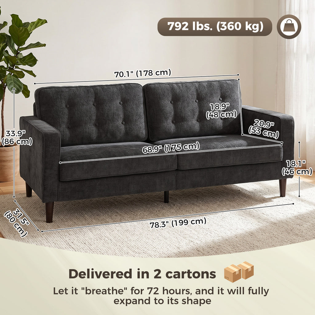 3 Seater Sofa Upholstered with Padded Cushion Modern Button Tufted Couch with Wood Legs, Dark Grey