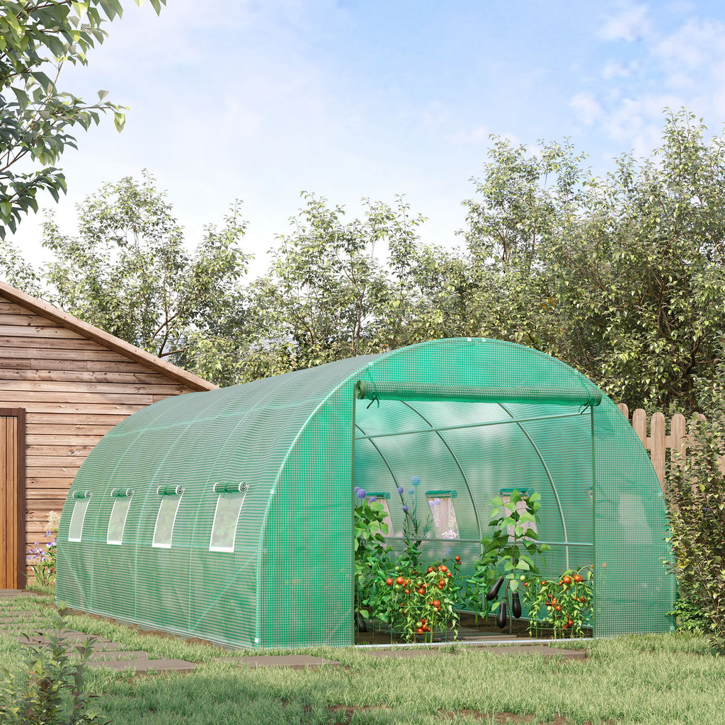 Walk-in Tunnel Greenhouse, 19 x 10 x 6.6 ft Hoop House with Zipped Roll-Up Door, 8 Mesh Windows, Wind Resistance Level 4, Green