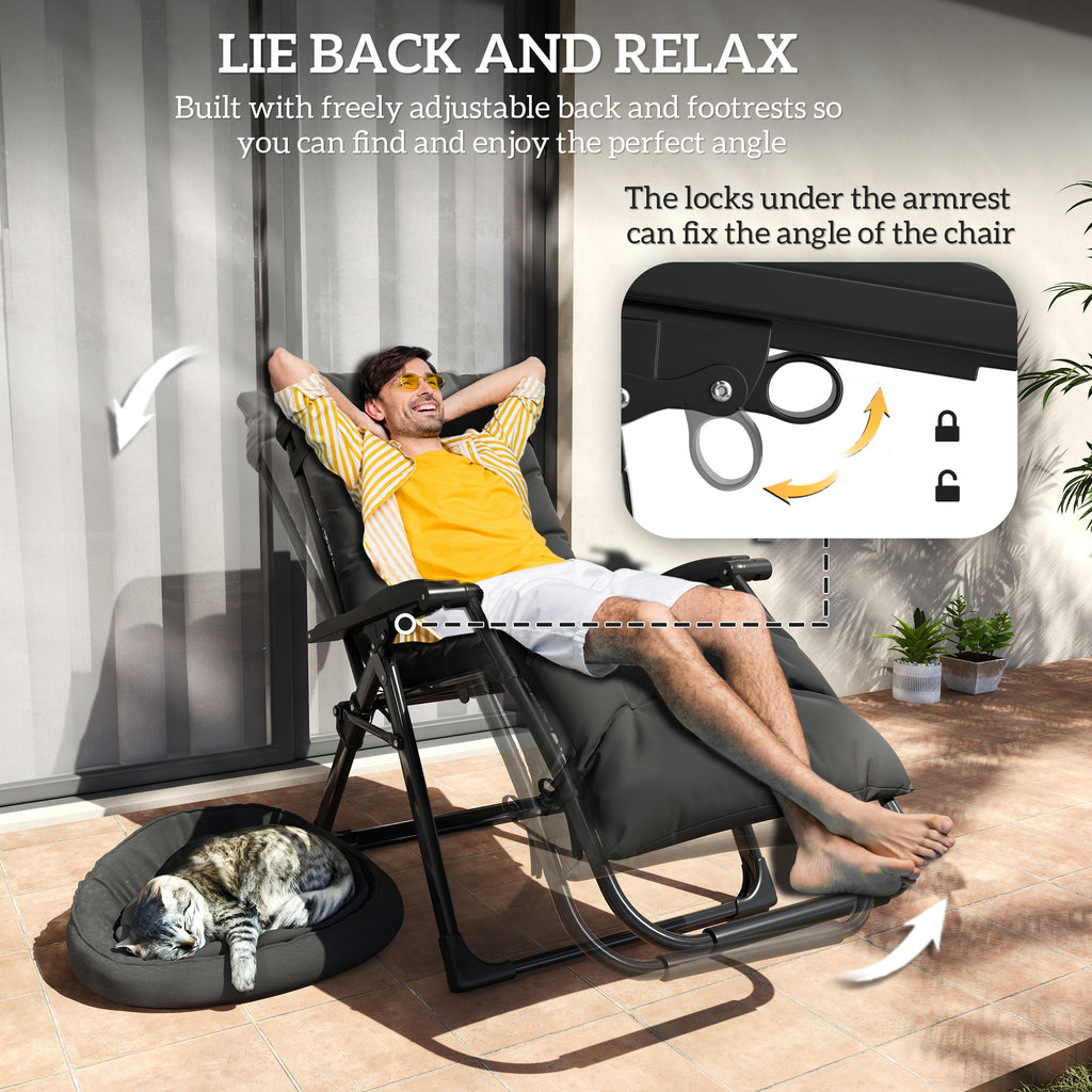 Folding Garden Chairs Set of 2, Reclining Zero Gravity Chair, Sun Lounger with Cushion and Headrest, Black
