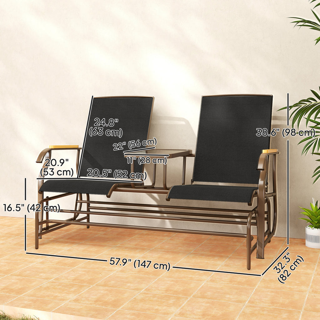 Outdoor 2-Person Glider Bench, Outside Swing Glider Chair Loveseat with Breathable Mesh, Table, Steel Frame