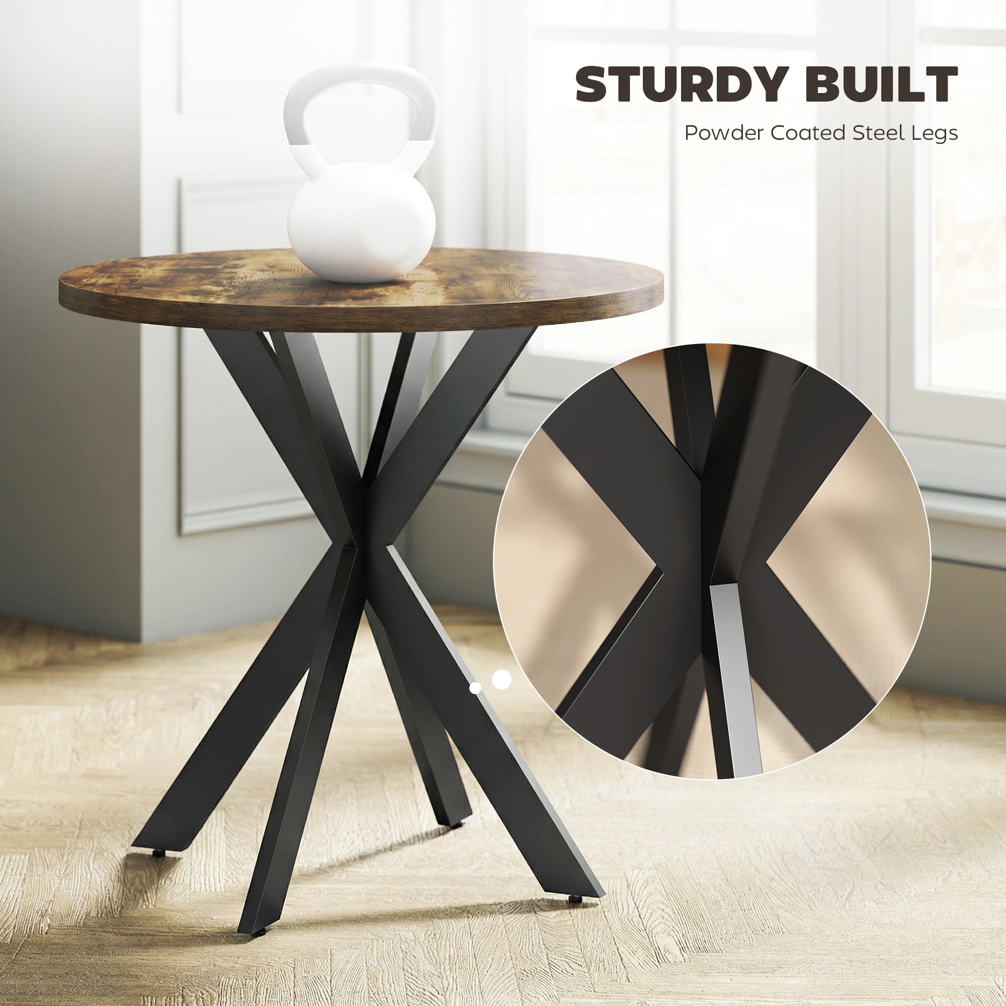 29" Dining Table, Contemporary Round Kitchen Table with Steel Legs, Rustic Brown