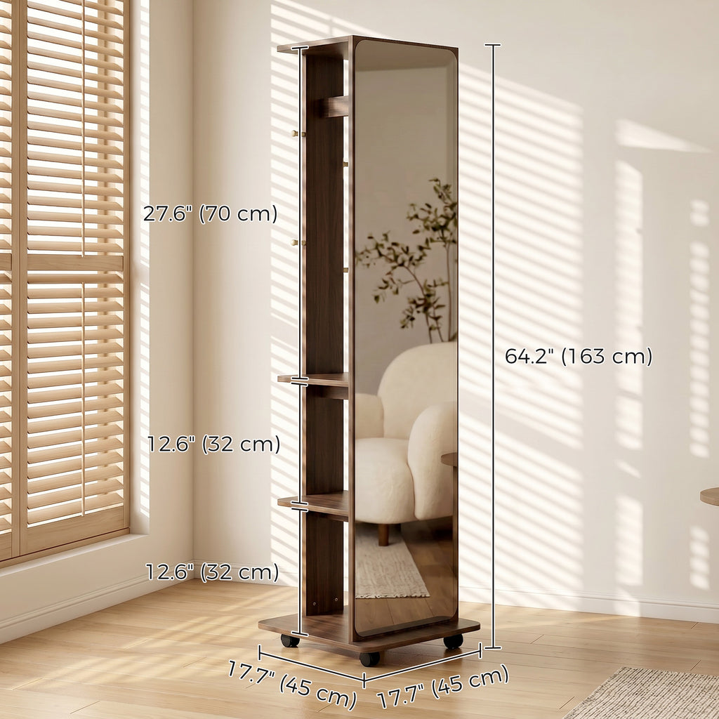 15" x 62" Full Length Mirror, Tempered Glass Floor Mirror on Wheels with Storage Shelves, Coat Hangers, Brown Wood Grain