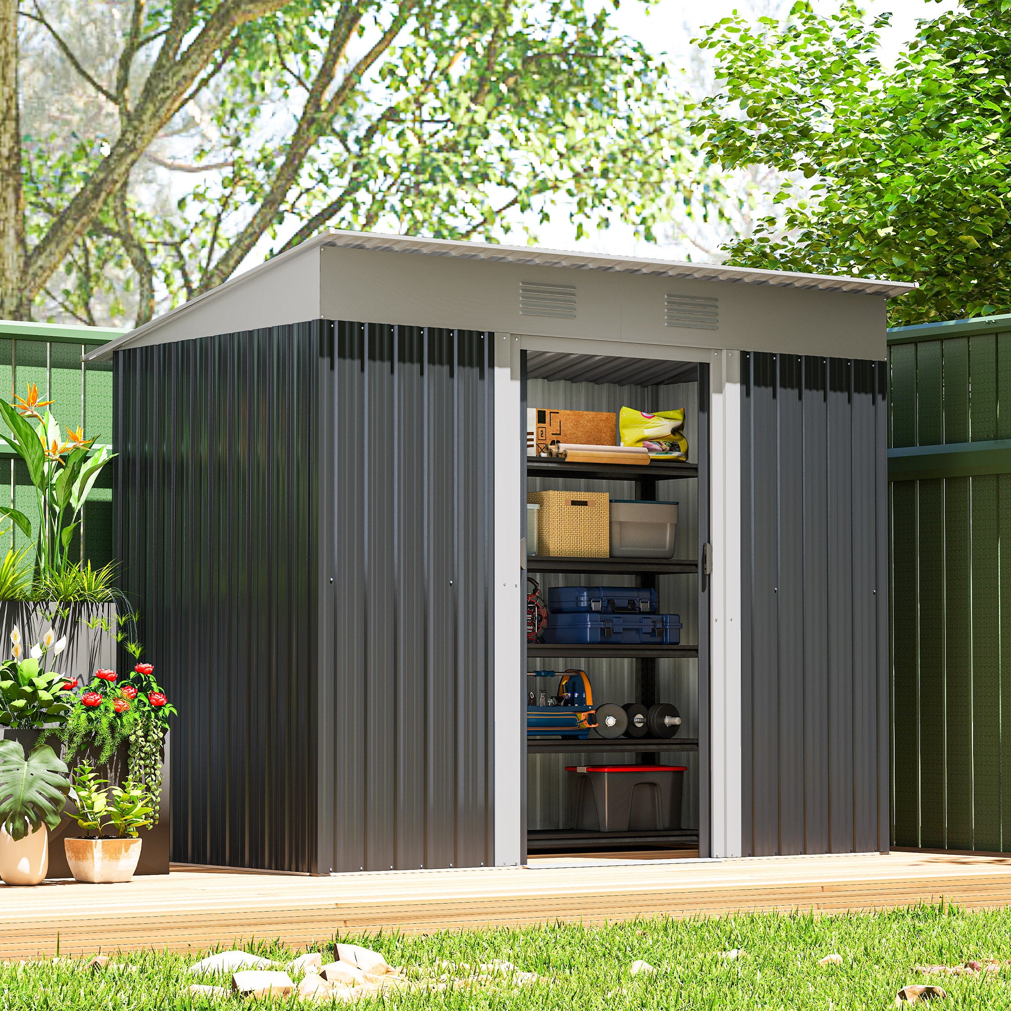 7' x 4' Outdoor Storage Shed, Metal Garden Tool Storage House Organizer with Lockable Sliding Doors and Vents for Backyard Patio Lawn, Charcoal Grey