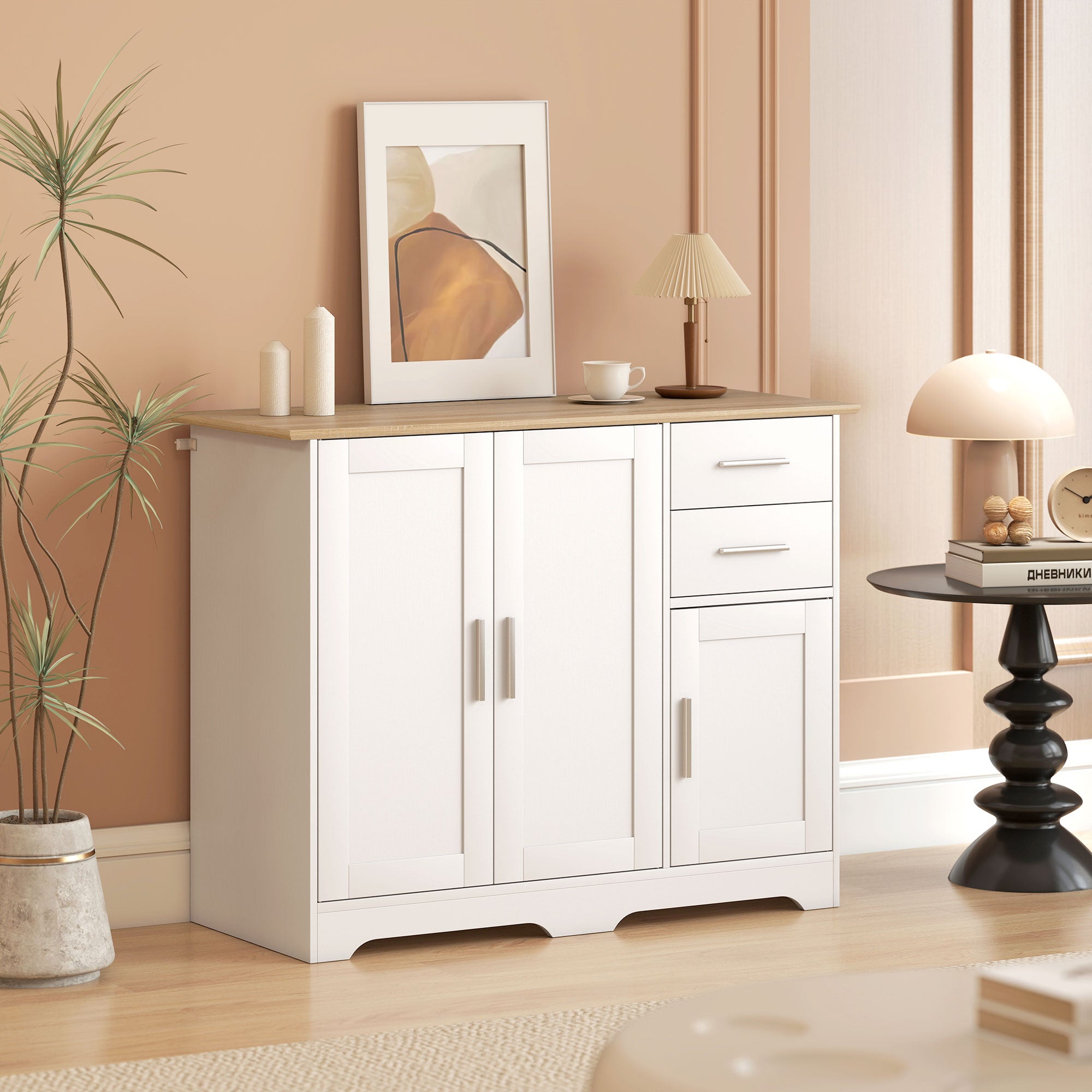 40" Sideboard Buffet Cabinet, Modern Kitchen Storage Cabinet with 2 Drawers, 3 Doors & Adjustable Shelf, White