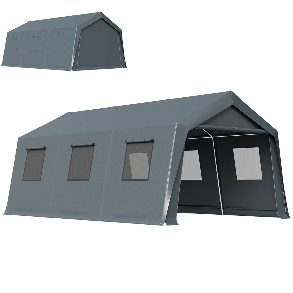 20 x 13 ft Carport, Portable Garage with Roll-Up Door and Windows, PE Canopy, Steel Frame, Dark Grey