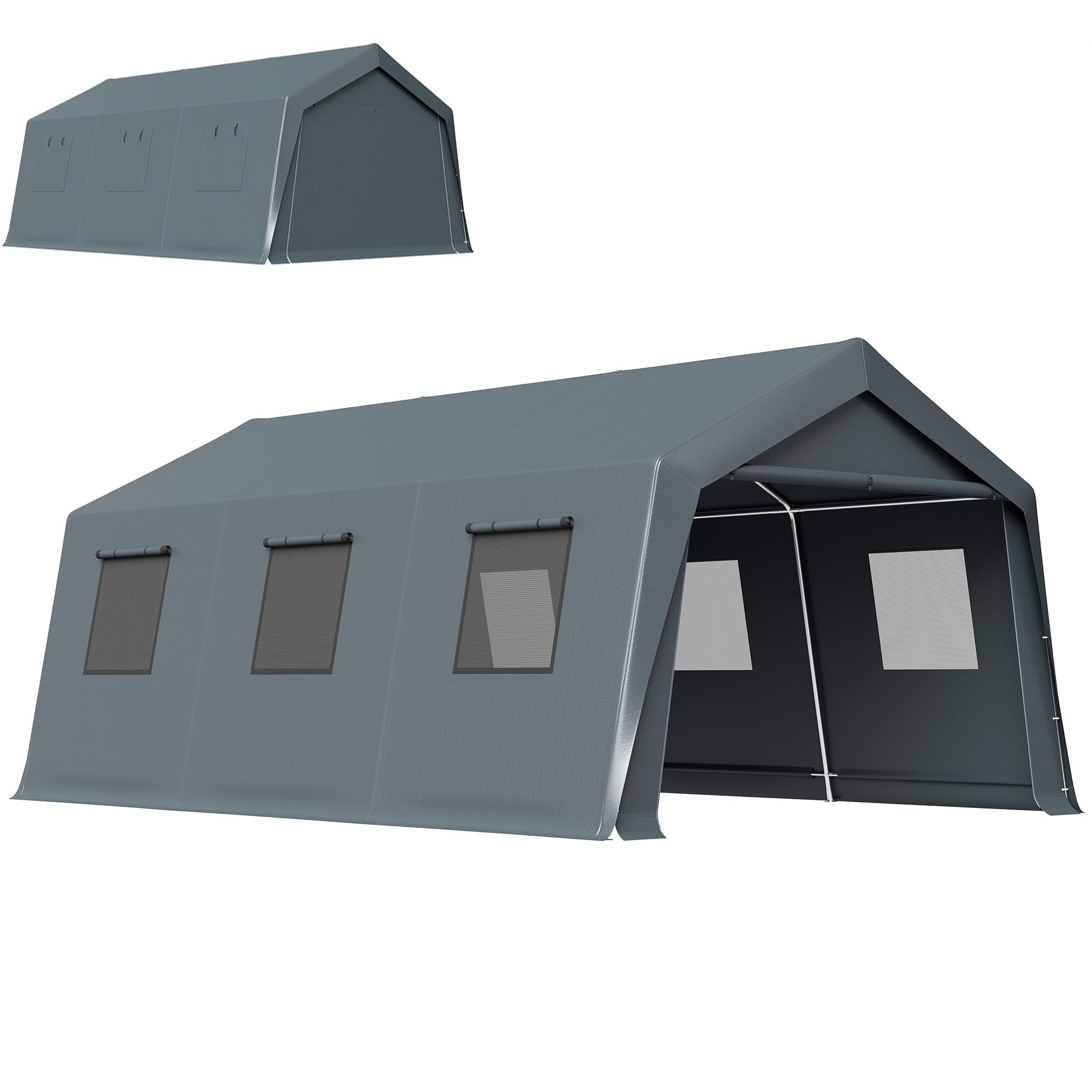 20 x 13 ft Carport, Portable Garage with Roll-Up Door and Windows, PE Canopy, Steel Frame, Dark Grey