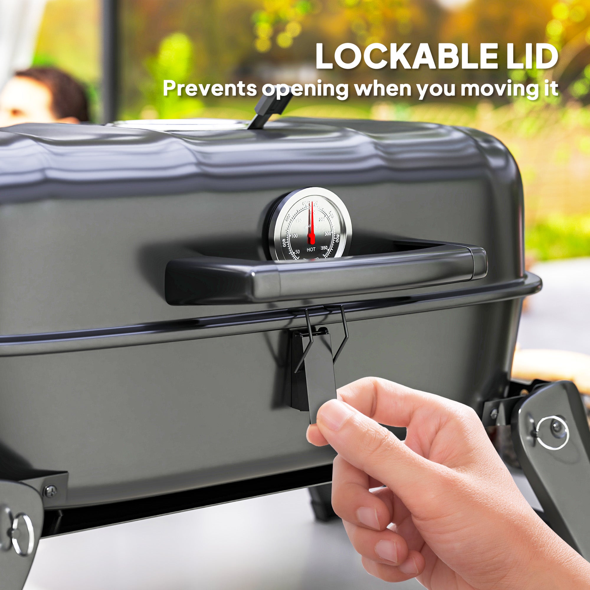 Charcoal BBQ Grill, Foldable Barbecue Grill with Warming Rack, Adjustable Vent, Thermometer, Handles, Black
