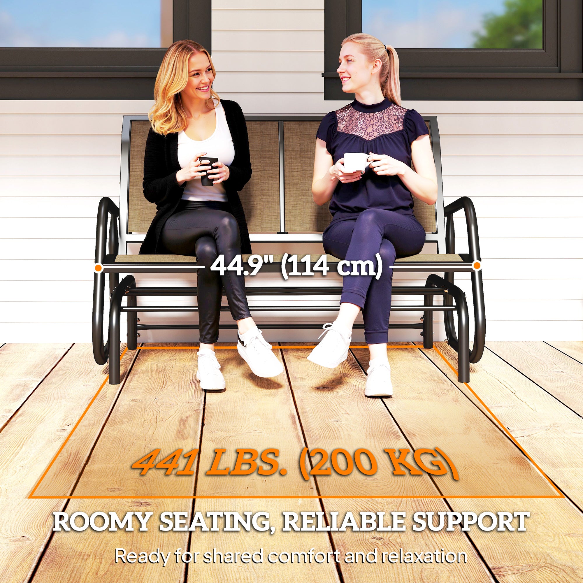 Outdoor Glider Bench, 2 Person Patio Glider Chair, Gliding Outdoor Garden Loveseat Swing Bench with Breathable Mesh Fabric, Steel Frame for Backyard, Porch, Brown