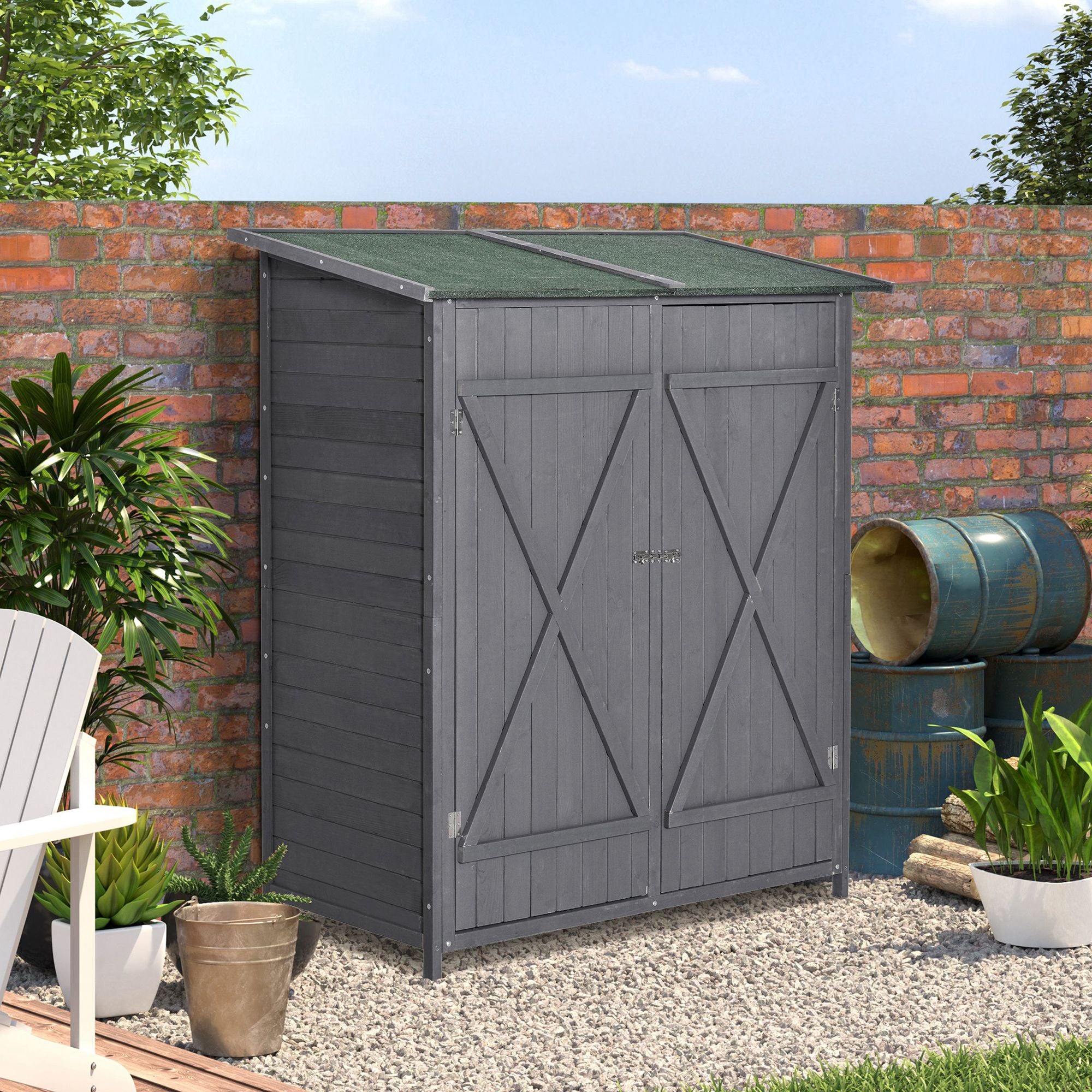 Garden Storage Shed Asphalt Roof Wooden Timber Double Door Utility Storage House with Shelf, Green and Grey