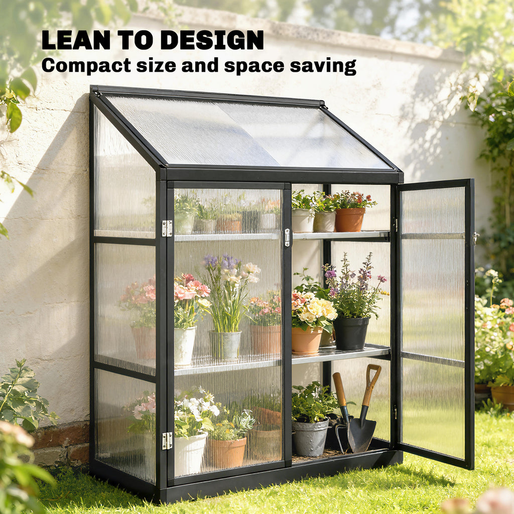 Polycarbonate Greenhouse with 2-Tier Shelves Gardening Green House for Patio Garden, Black