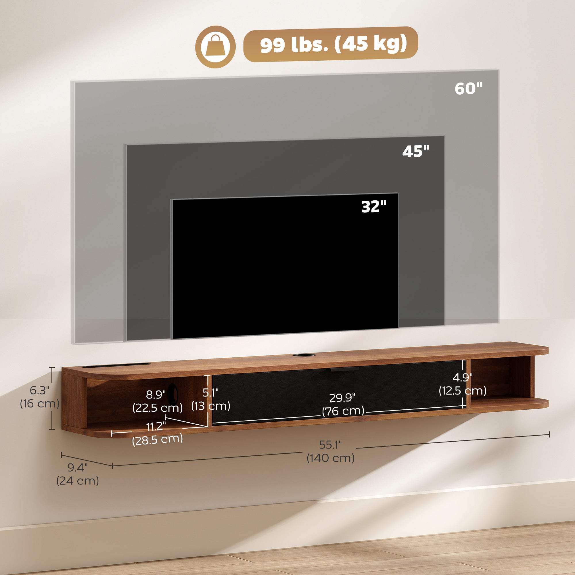 55" Floating TV Stand for TVs up to 60 Inch, Wall Mounted Media Console with Flip Drawer and 2 Open Shelves, Walnut