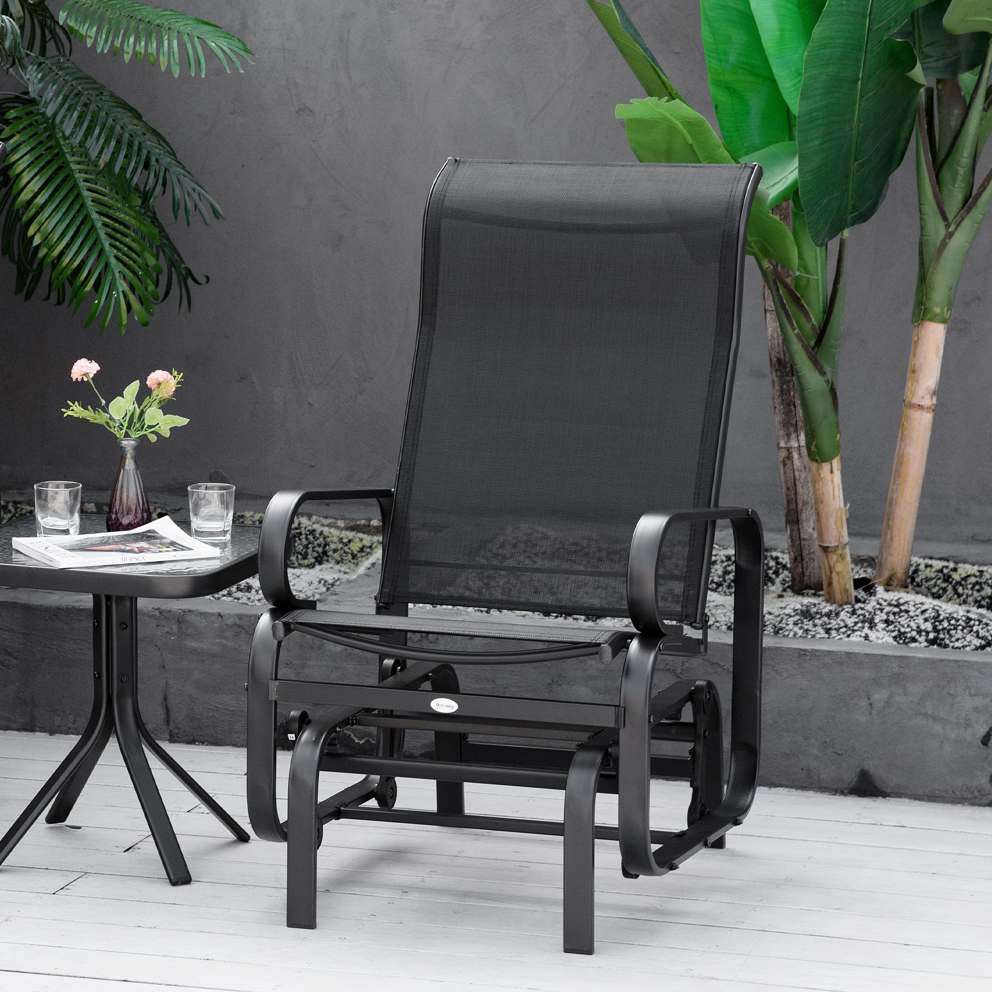 Patio Glider with Breathable Mesh Fabric, Outdoor Glider Chair, Garden Rocking Gliding Seat for Patio, Yard, Porch, Black