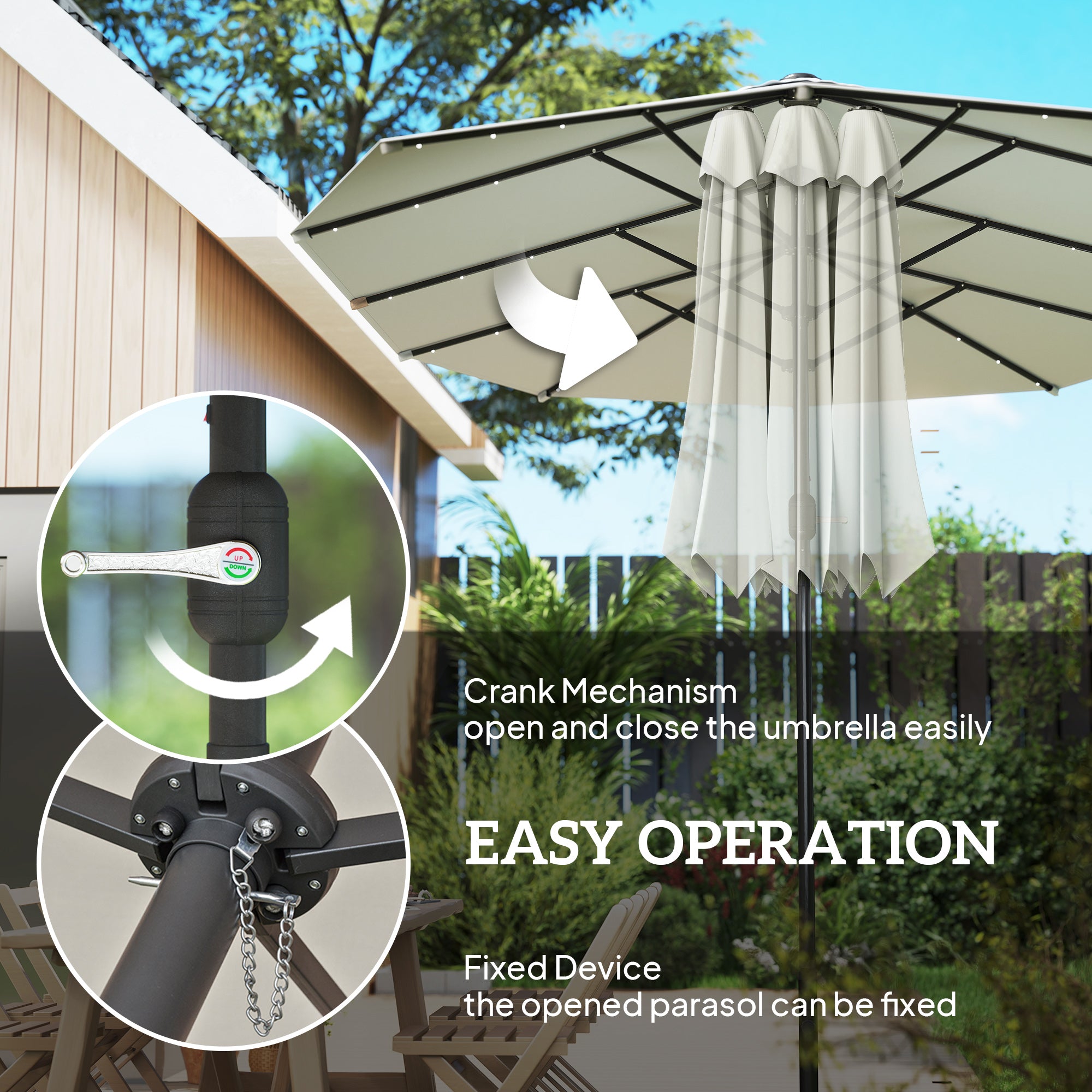 173" Double-Sided Sun Umbrella Garden Parasol Patio Sun Shade Outdoor with LED Solar Light, Cream White