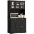71" Pantry Cabinet with Microwave Space, Buffet with Hutch, 2 Drawers, Adjustable Shelves and Glass Doors, Black