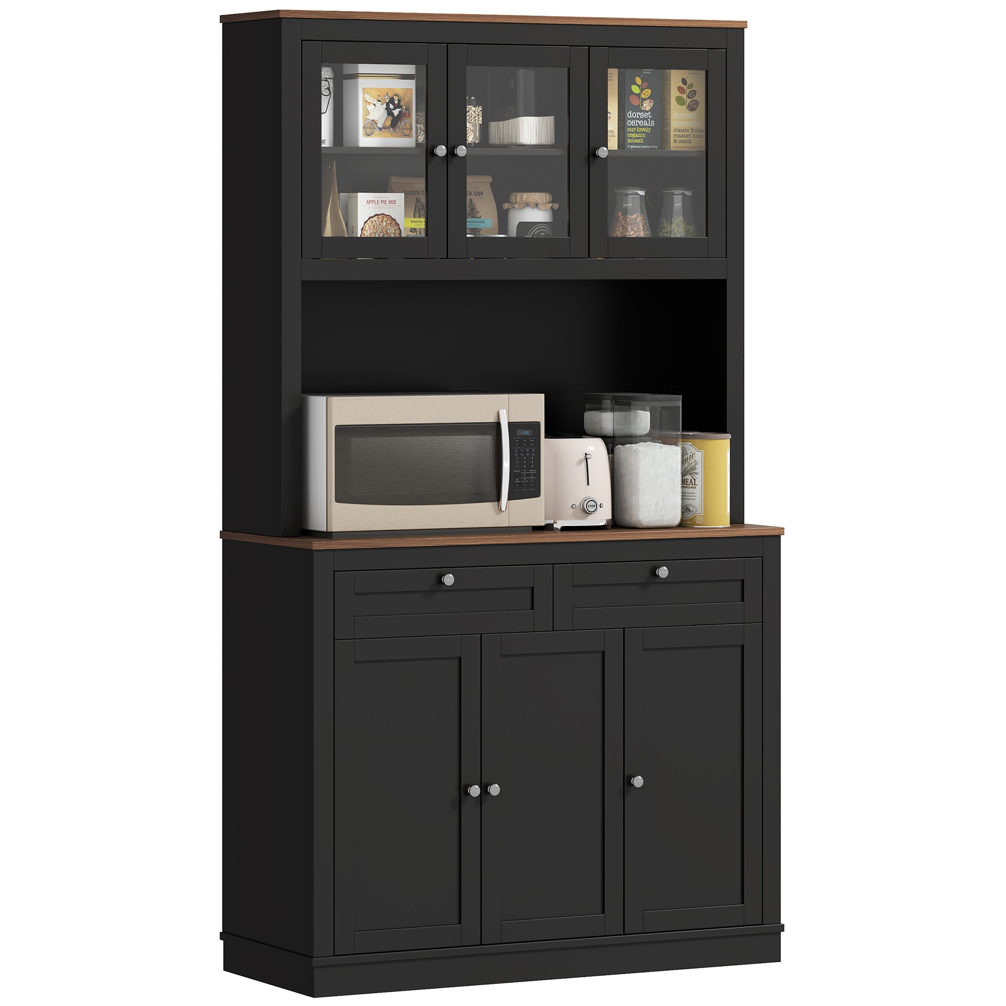 71" Pantry Cabinet with Microwave Space, Buffet with Hutch, 2 Drawers, Adjustable Shelves and Glass Doors, Black