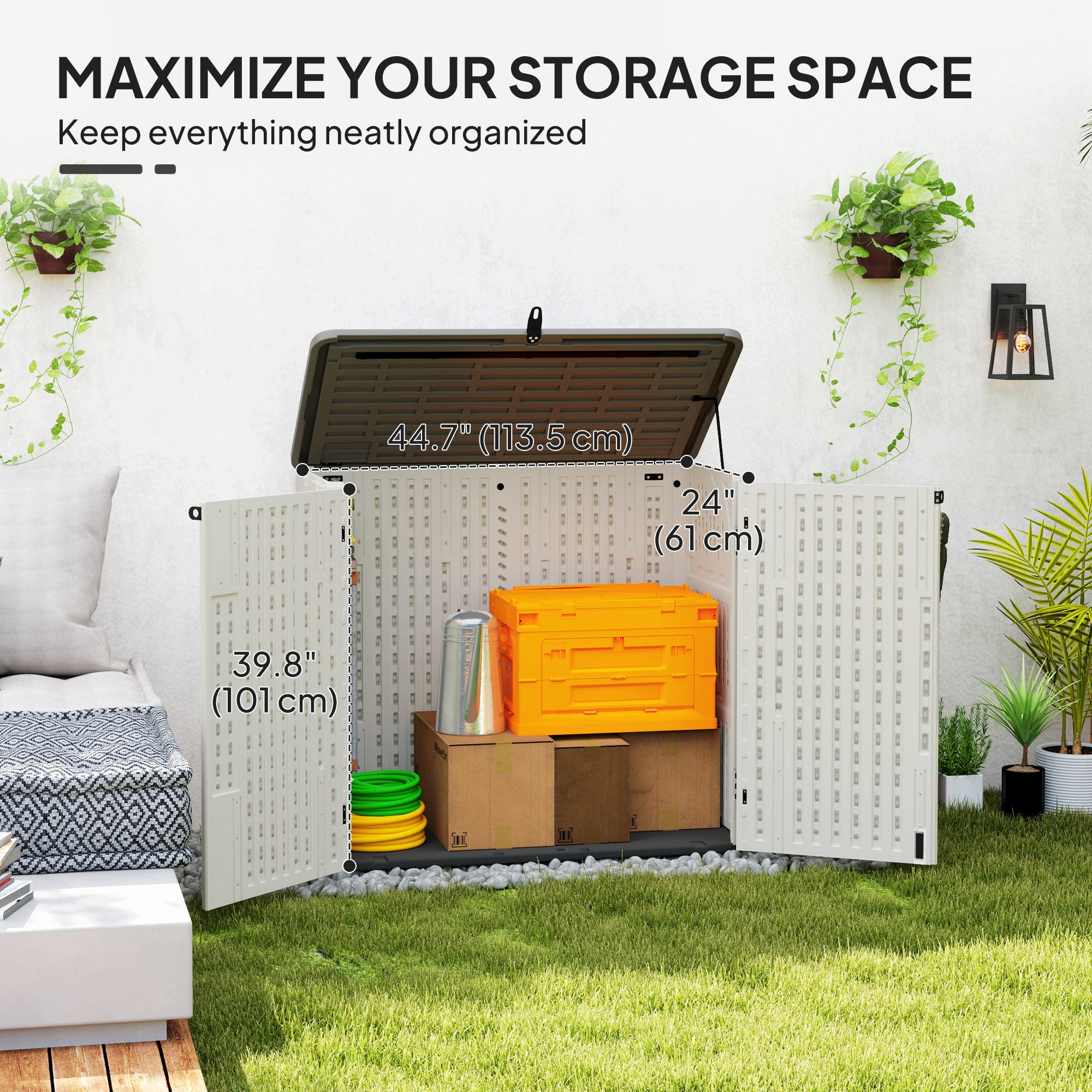 185 Gallon Outdoor Storage Cabinet with Openable Top and Lockable Doors for Lawnmower, Trash Can, Patio Accessories
