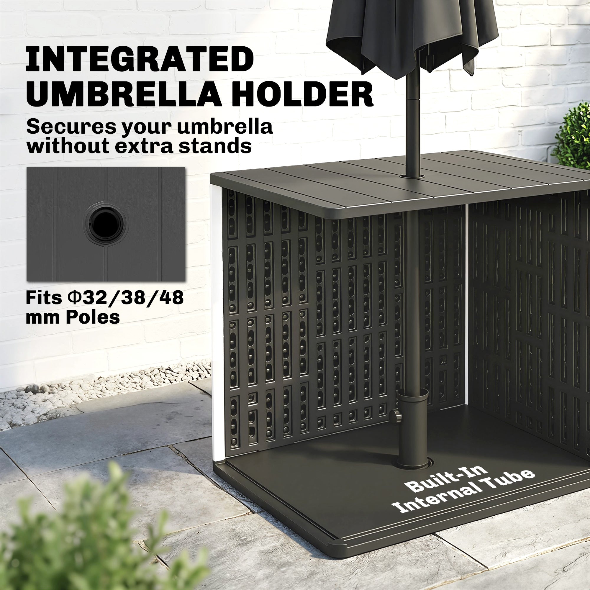 30 Gallon Storage Box, Outdoor Side Table with Umbrella Holder, Black