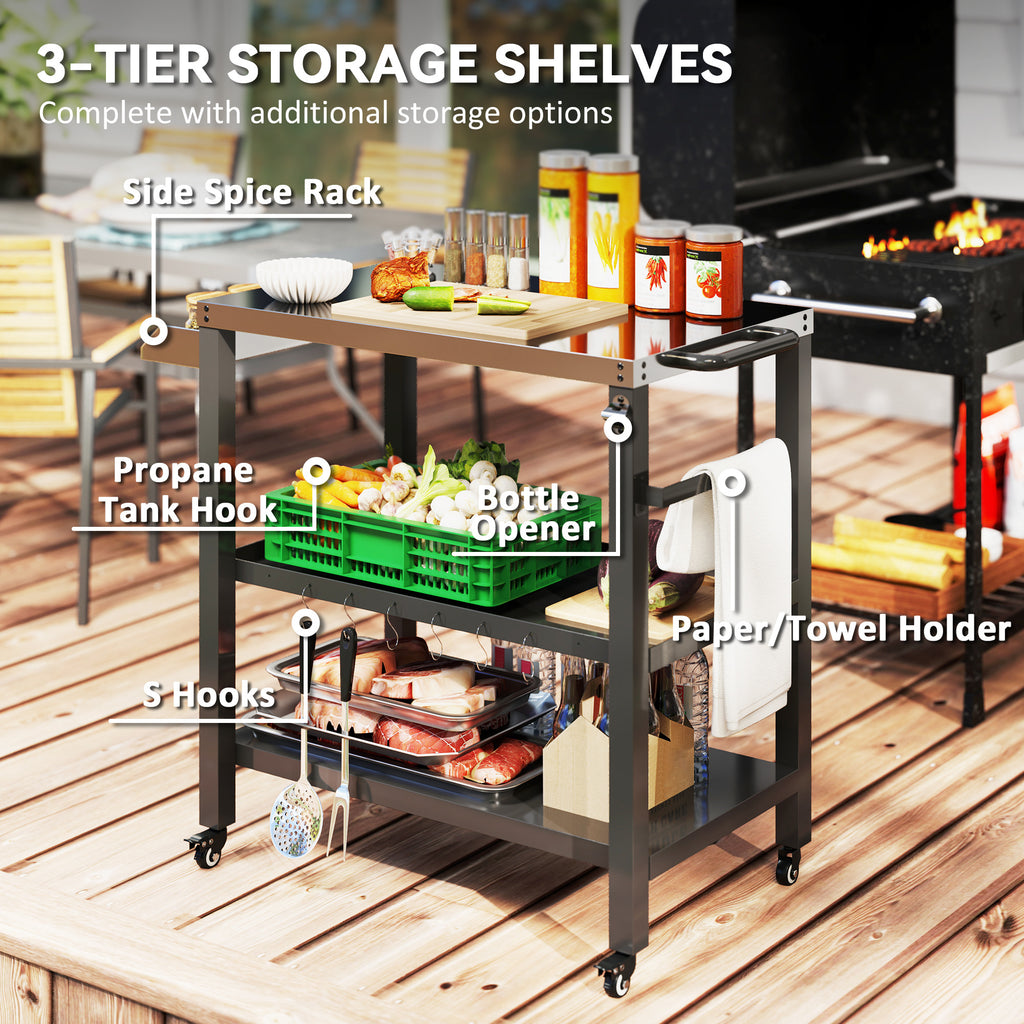 Outdoor Kitchen Bar Cart BBQ Table with Wheels, Stainless Steel Pizza Oven Stand, Movable Prep Table with Hooks