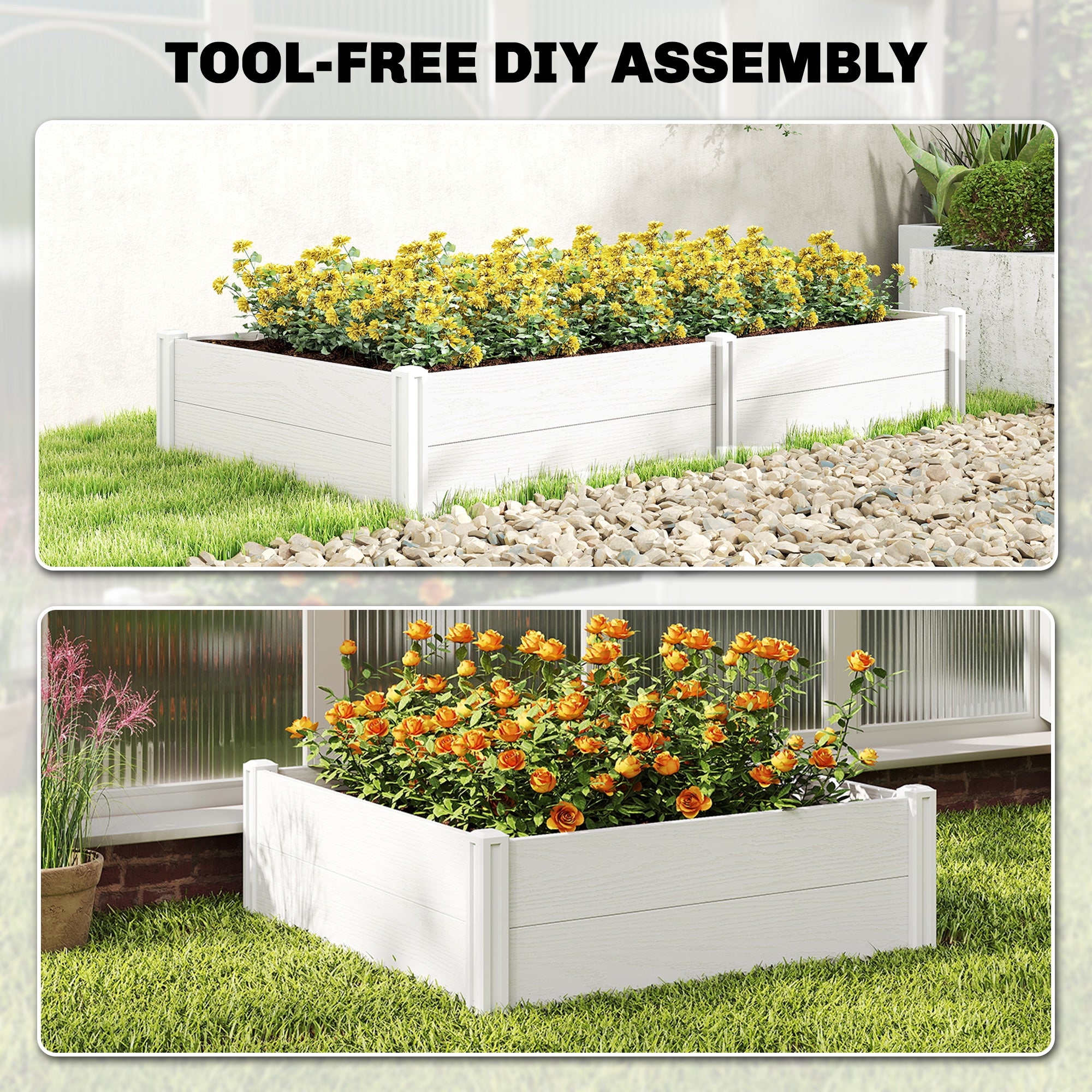 Vinyl Raised Garden Bed Kit, 6.5 x 3 x 1ft Elevated Garden Box with Divider and Open Bottom, White