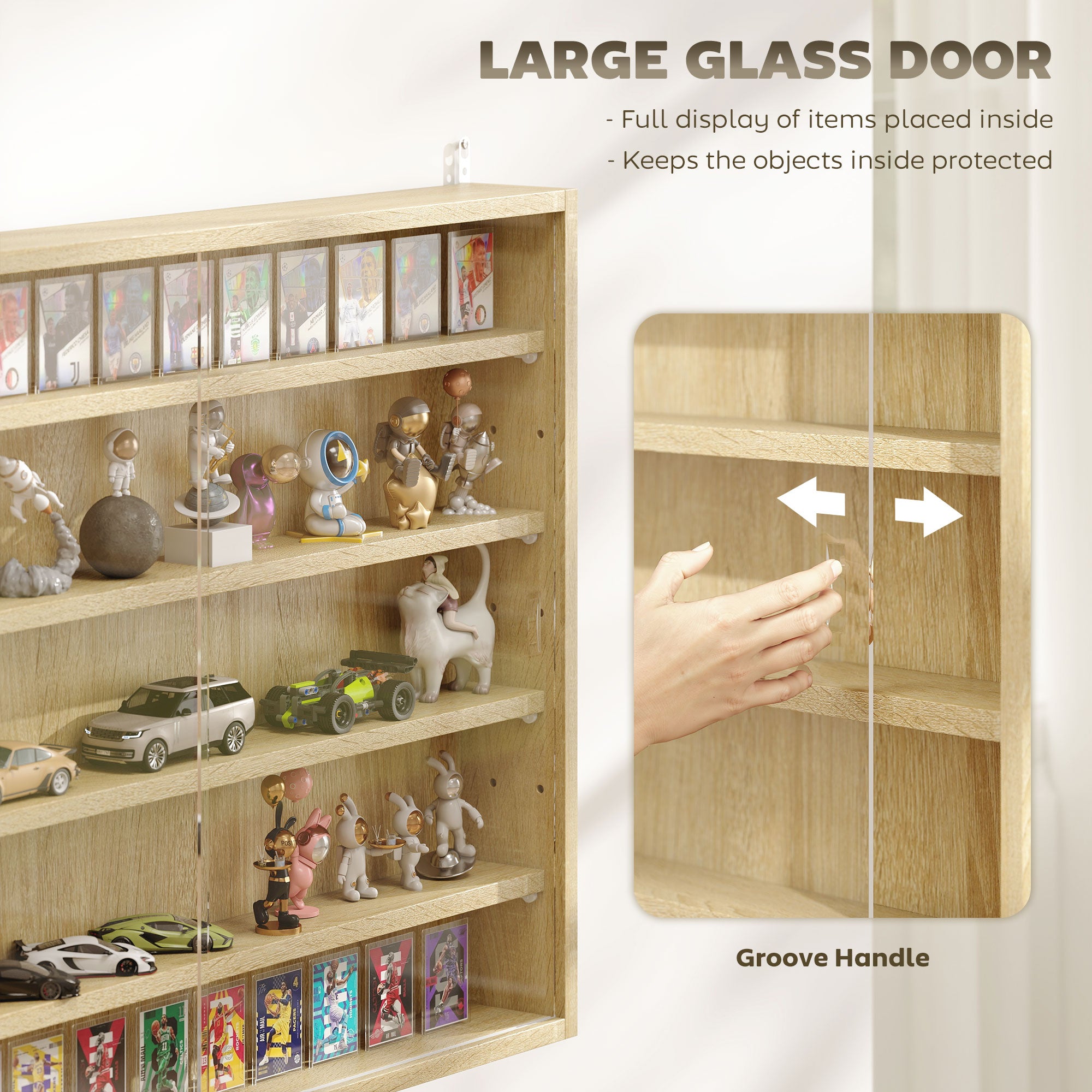 5-storey Display Cabinet, Shot Glass Display Case, Glass Curio Cabinet with 2 Glass Doors and 4 Adjustable Shelves, Oak