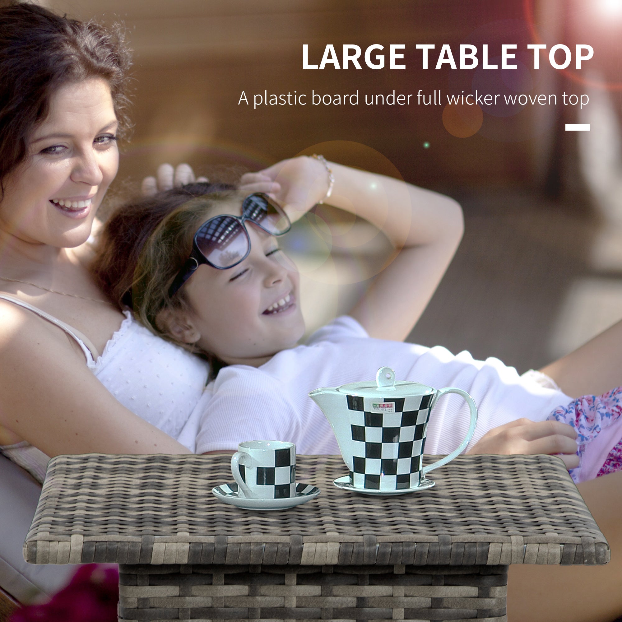 20" Patio Wicker Coffee Table, Outdoor Coffee Table with Plastic Board Underneath the Woven Tabletop for Patio, Garden, Balcony, Mixed Grey