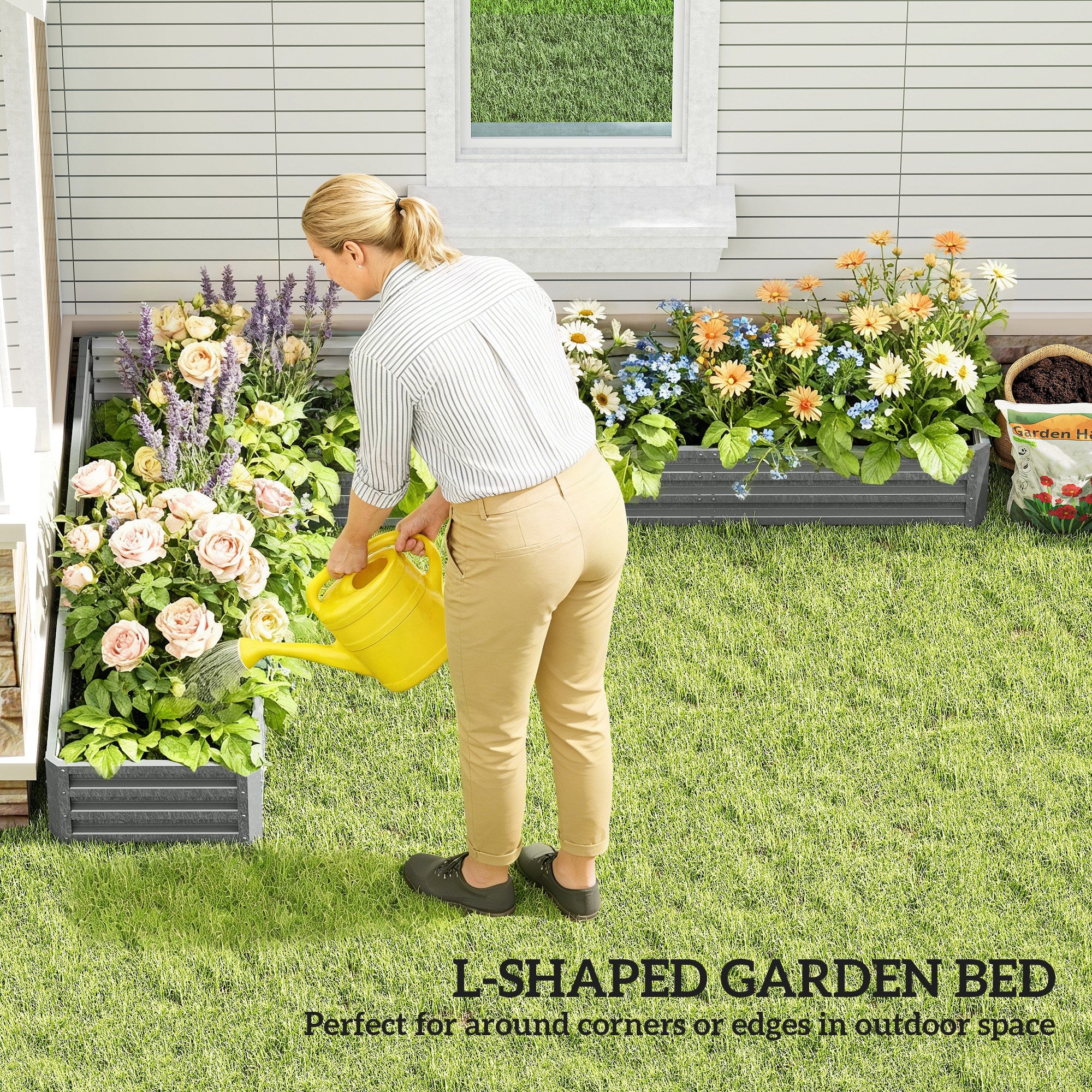 L-Shaped Raised Garden Bed, 82" x 109" x 12" Galvanized Steel Planter Box with Multi-reinforced Rods for Vegetables, Flowers and Herbs, Light Grey