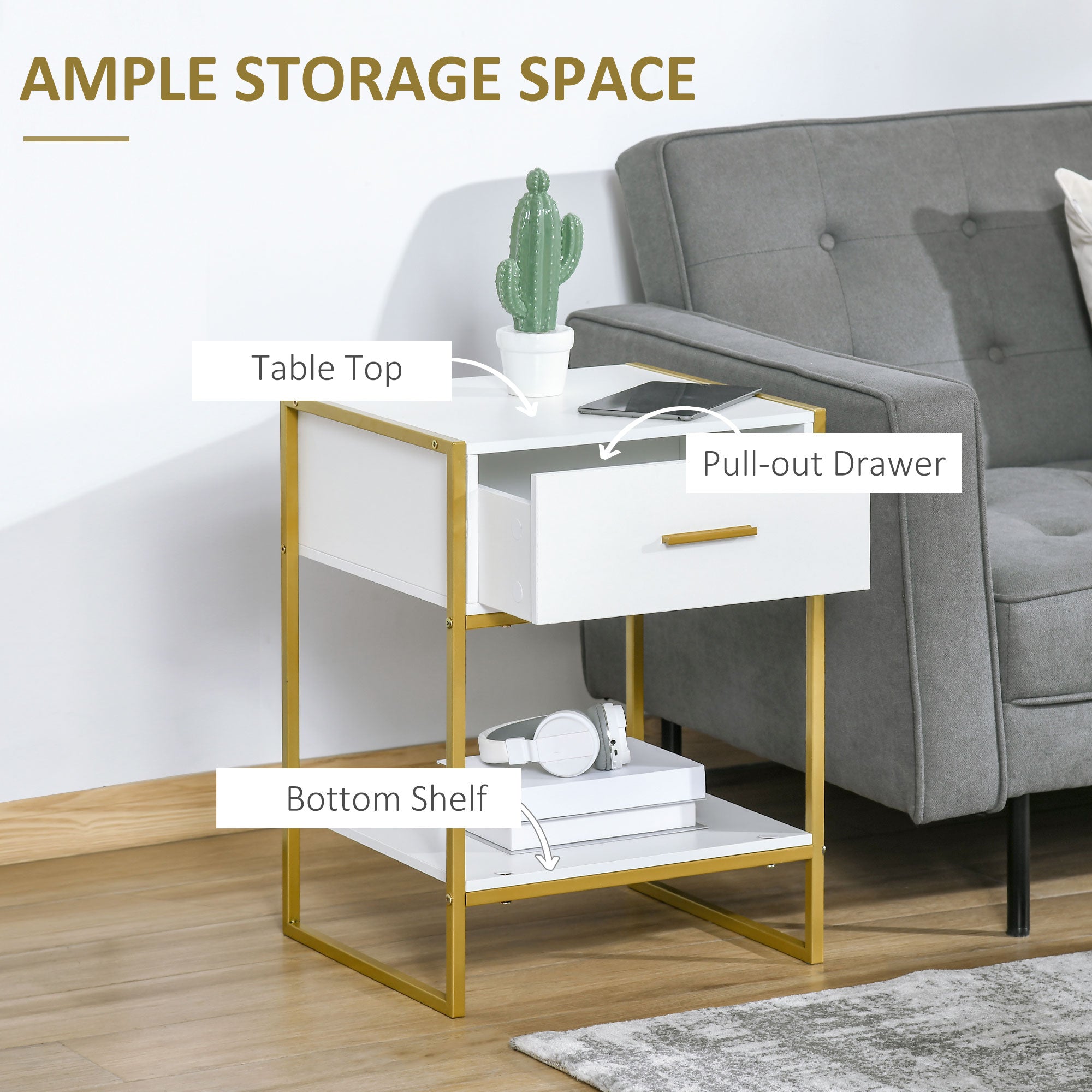 Nightstand Set of 2, Modern Bedside Table with Drawer and Shelf, Bedside Cabinets for Bedroom, White