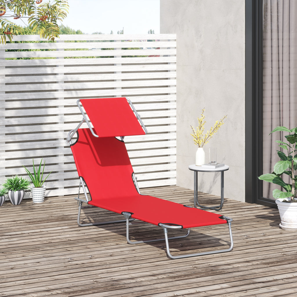 Outdoor Lounge Chair, Adjustable Folding Chaise Lounge, Tanning Chair with Sun Shade for Beach, Camping, Hiking, Backyard, Red