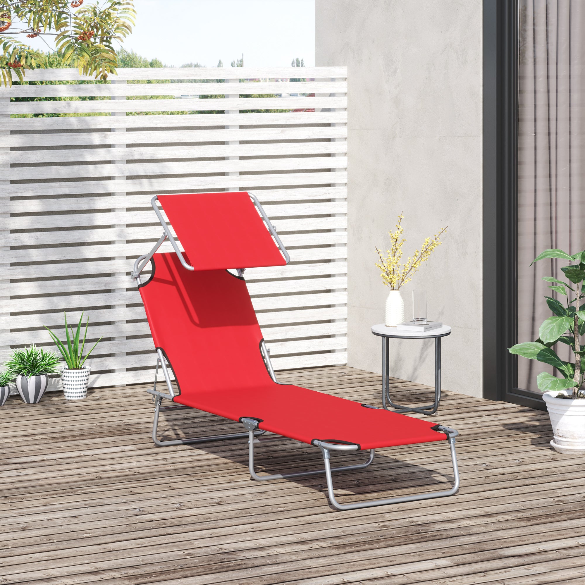 Outdoor Lounge Chair, Adjustable Folding Chaise Lounge, Tanning Chair with Sun Shade for Beach, Camping, Hiking, Backyard, Red