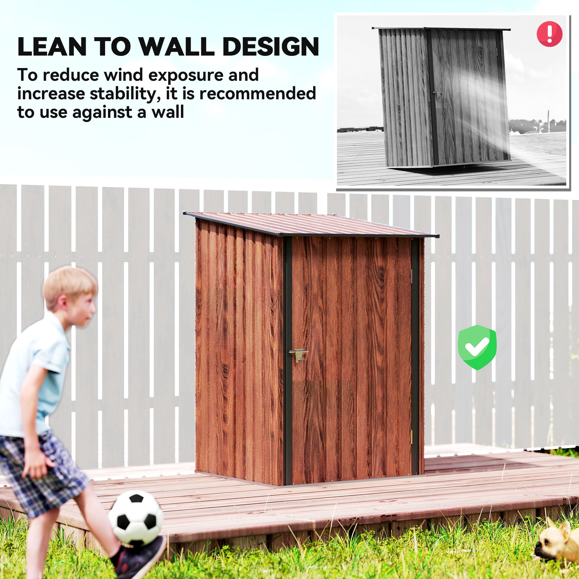 3.3' x 3.4' Lean-to Garden Storage Shed, Outdoor Galvanized Steel Tool House with Lockable Door for Patio, Teak